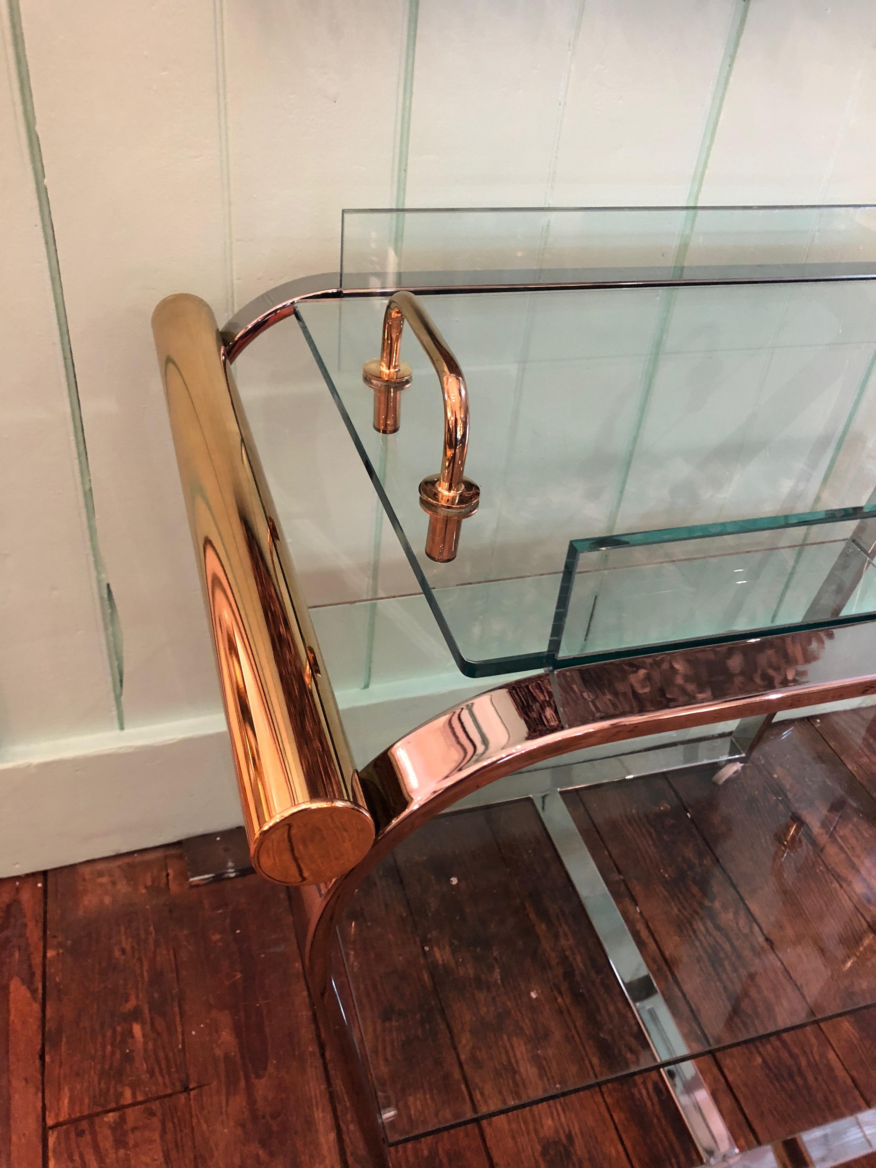 Glamorous Mid-Century Modern Brass Chrome and Glass Bar Cart 1