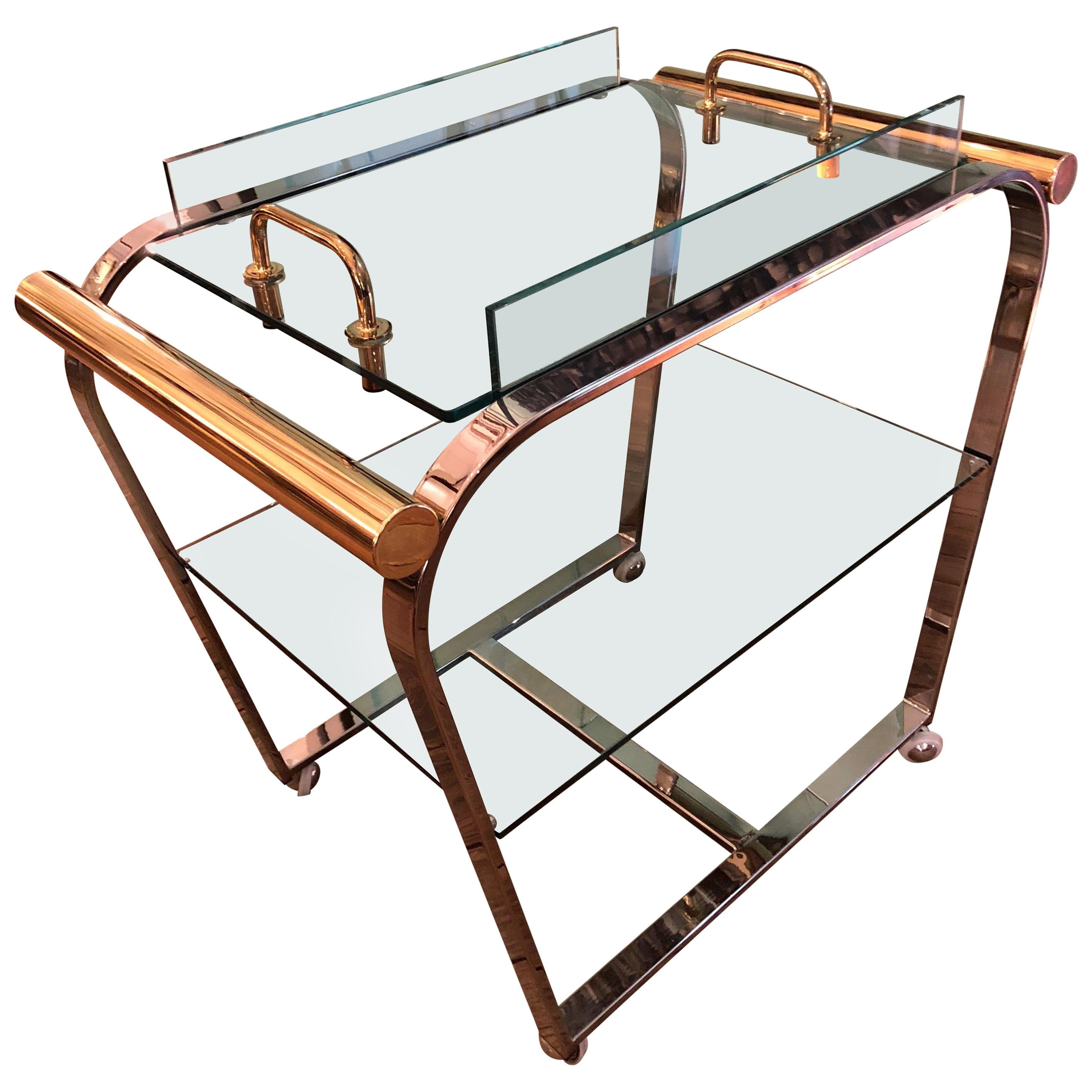 Glamorous Mid-Century Modern Brass Chrome and Glass Bar Cart