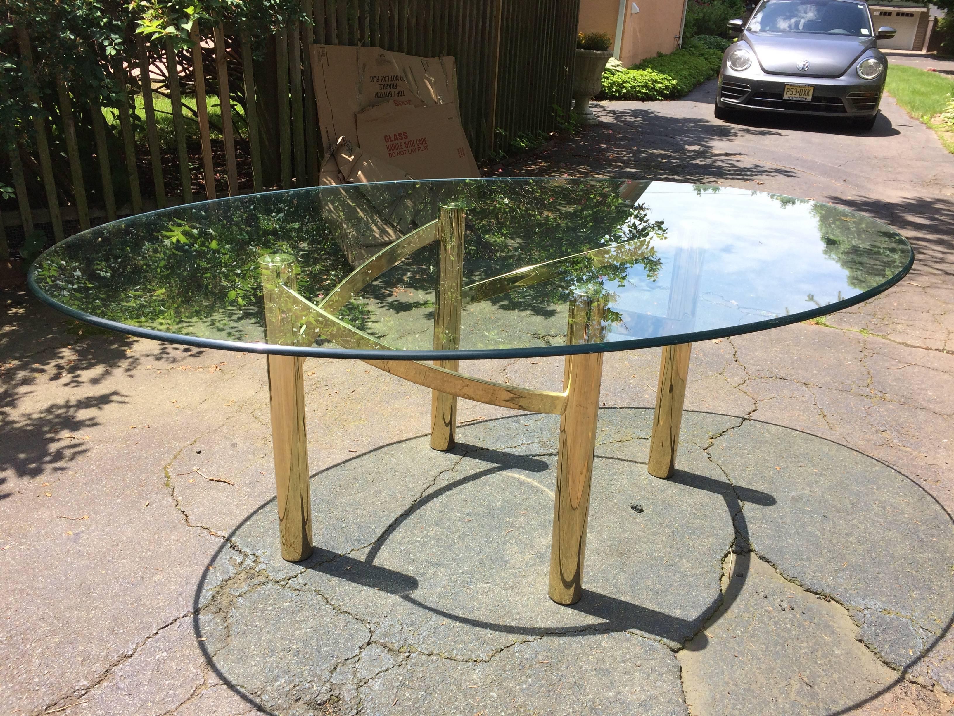 Glamorous Mid-Century Modern Brass Dining Table Base with Large Oval Glass Top 5