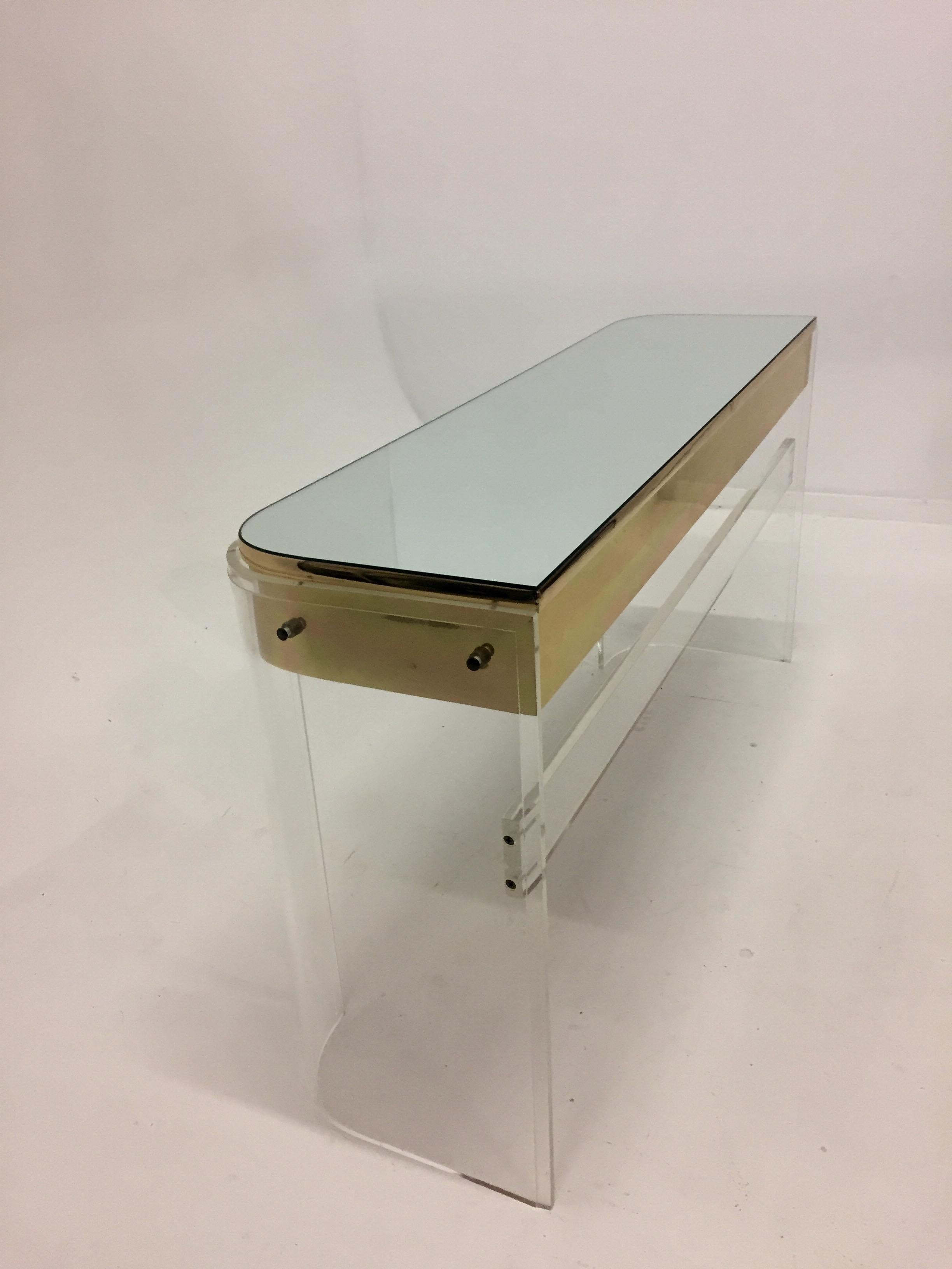 American Glamorous Mid-Century Modern Curved Lucite and Metal Vanity Console