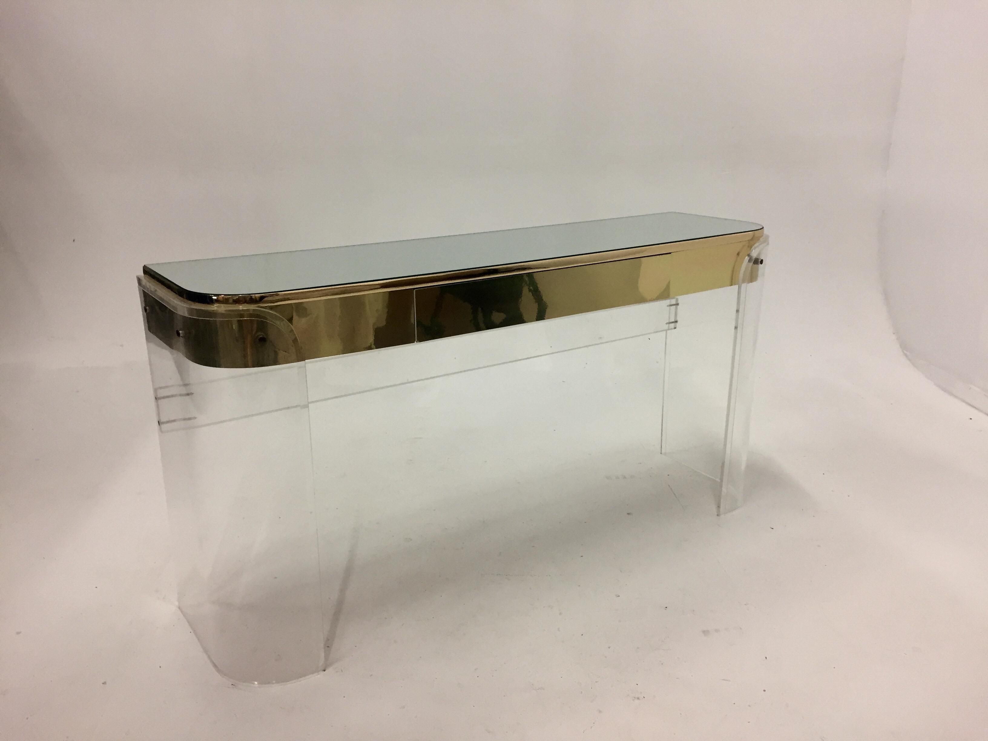 Glamorous Mid-Century Modern Curved Lucite and Metal Vanity Console 1