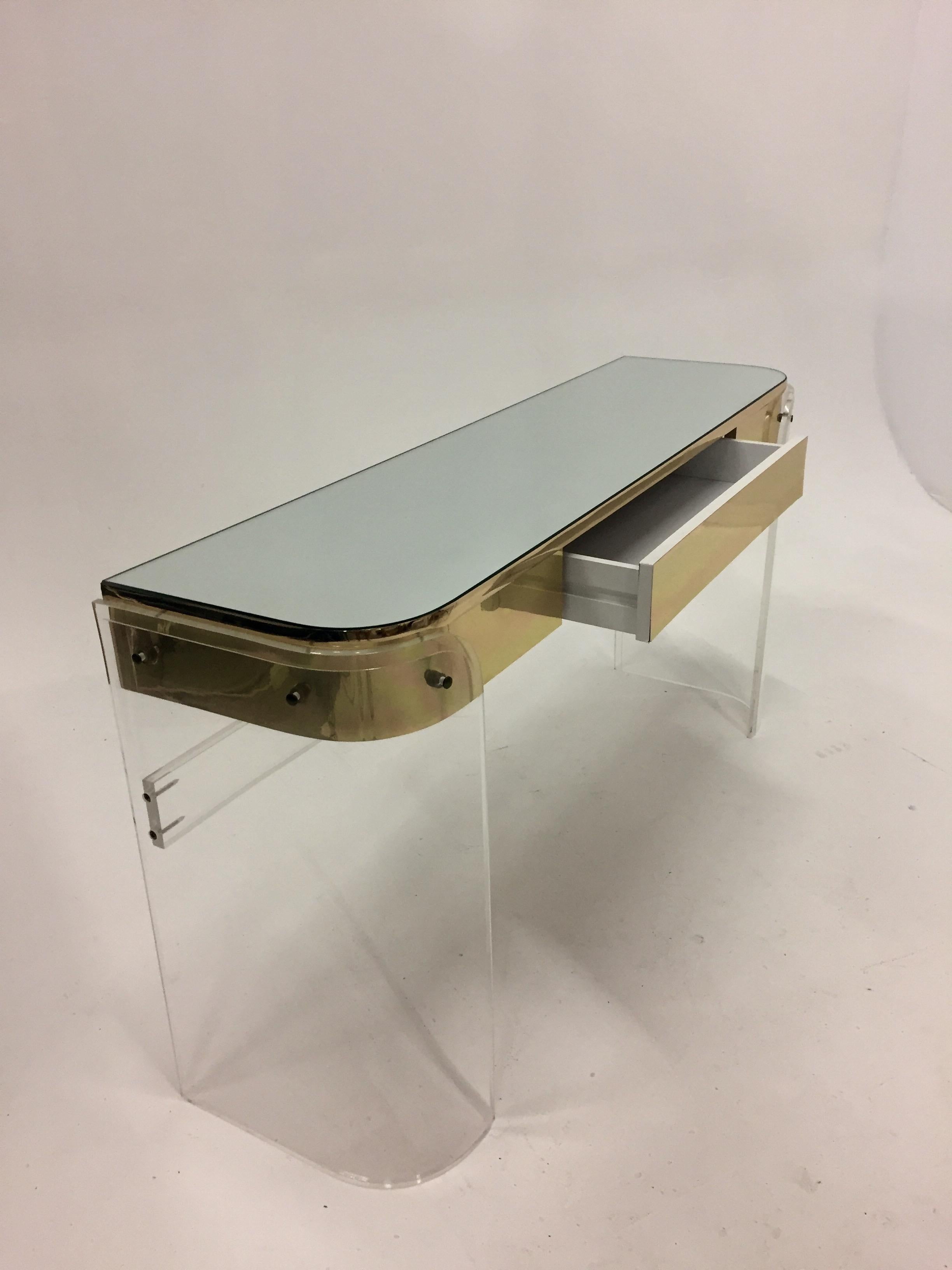 Glamorous Mid-Century Modern Curved Lucite and Metal Vanity Console 3