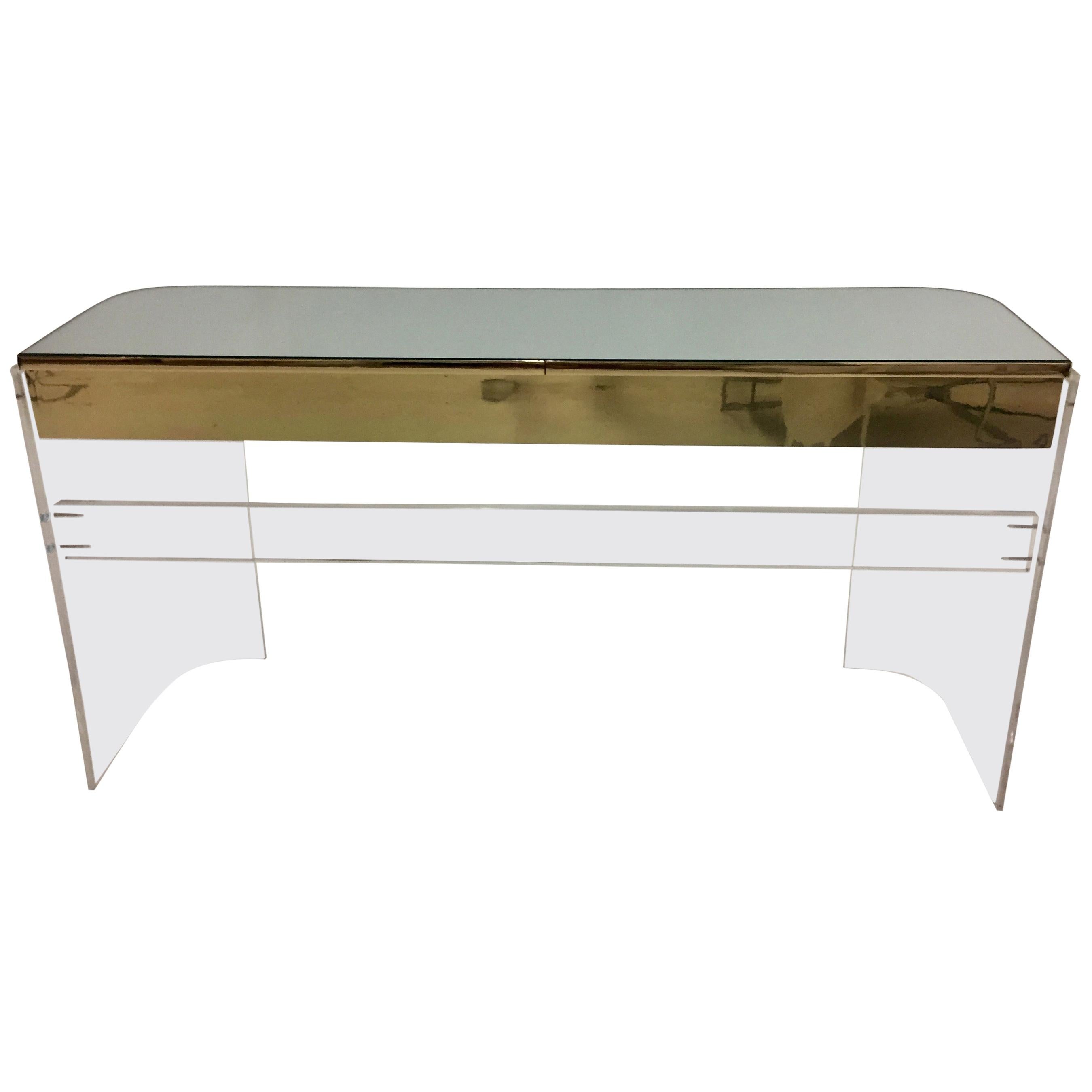 Glamorous Mid-Century Modern Curved Lucite and Metal Vanity Console