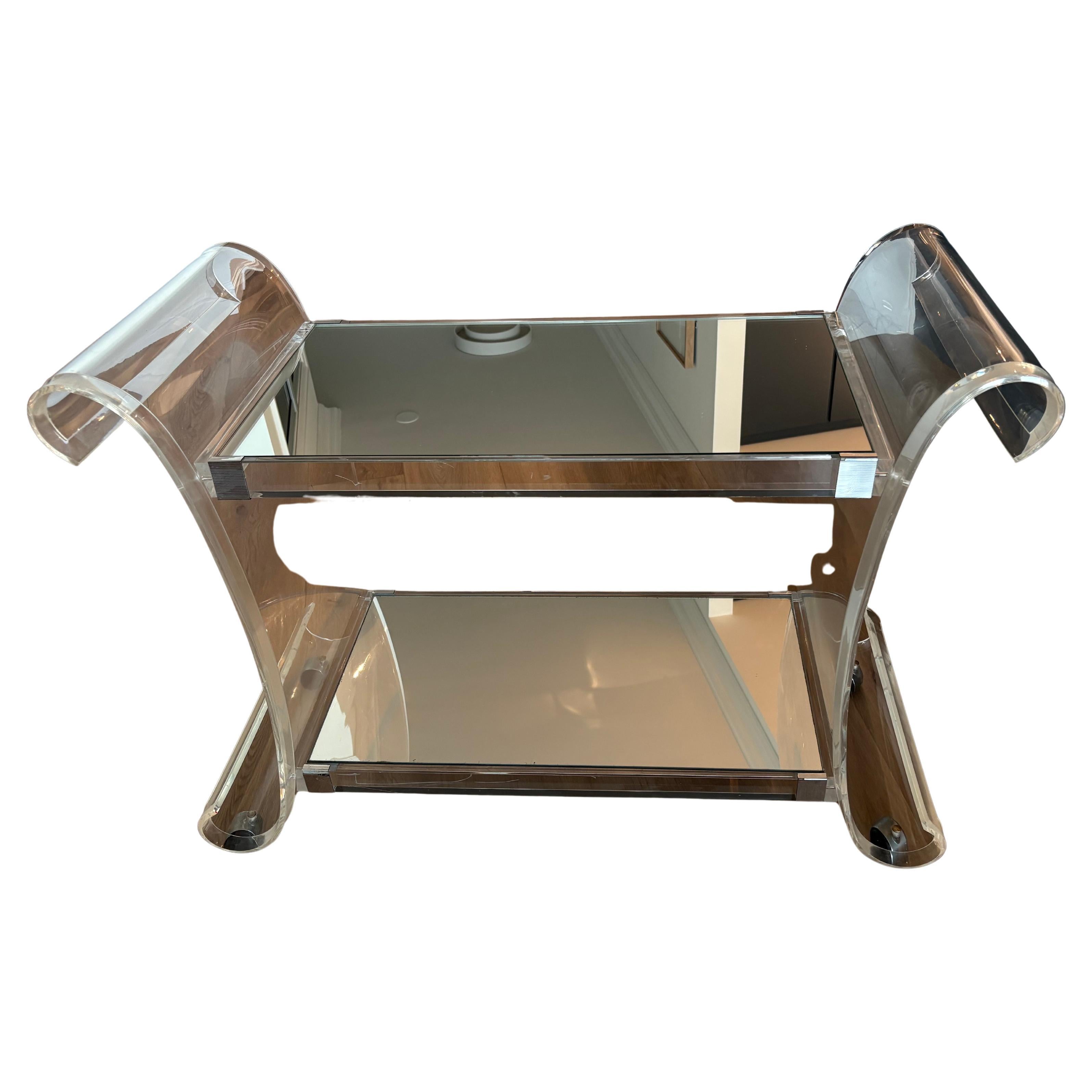 Glamorous Mid Century Modern Lucite Bar Cart on Casters For Sale