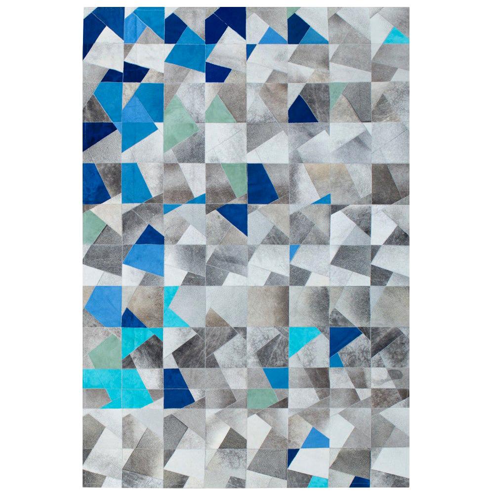 Tapis de sol Art Déco Faceta personnalisable en cuir de vache bleu et gris, petit modèle en vente
