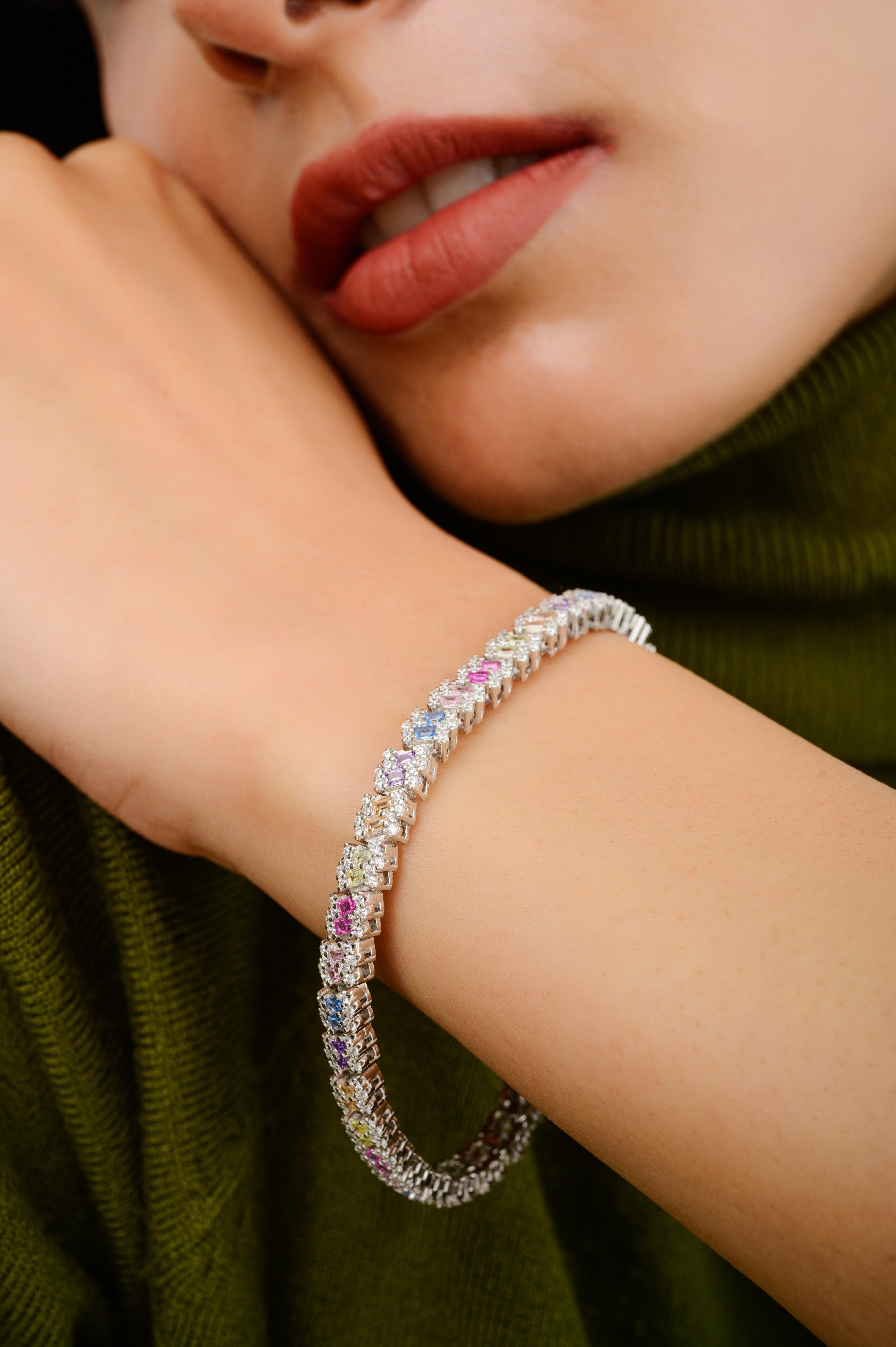Glamorous Multicolor Rhinestone Tennis Bracelet in sterling silver. You shall need tennis bracelet to make a statement with your look. Each piece features dazzling cubic zirconia stones, renowned for their brilliance and clarity, set in high-quality