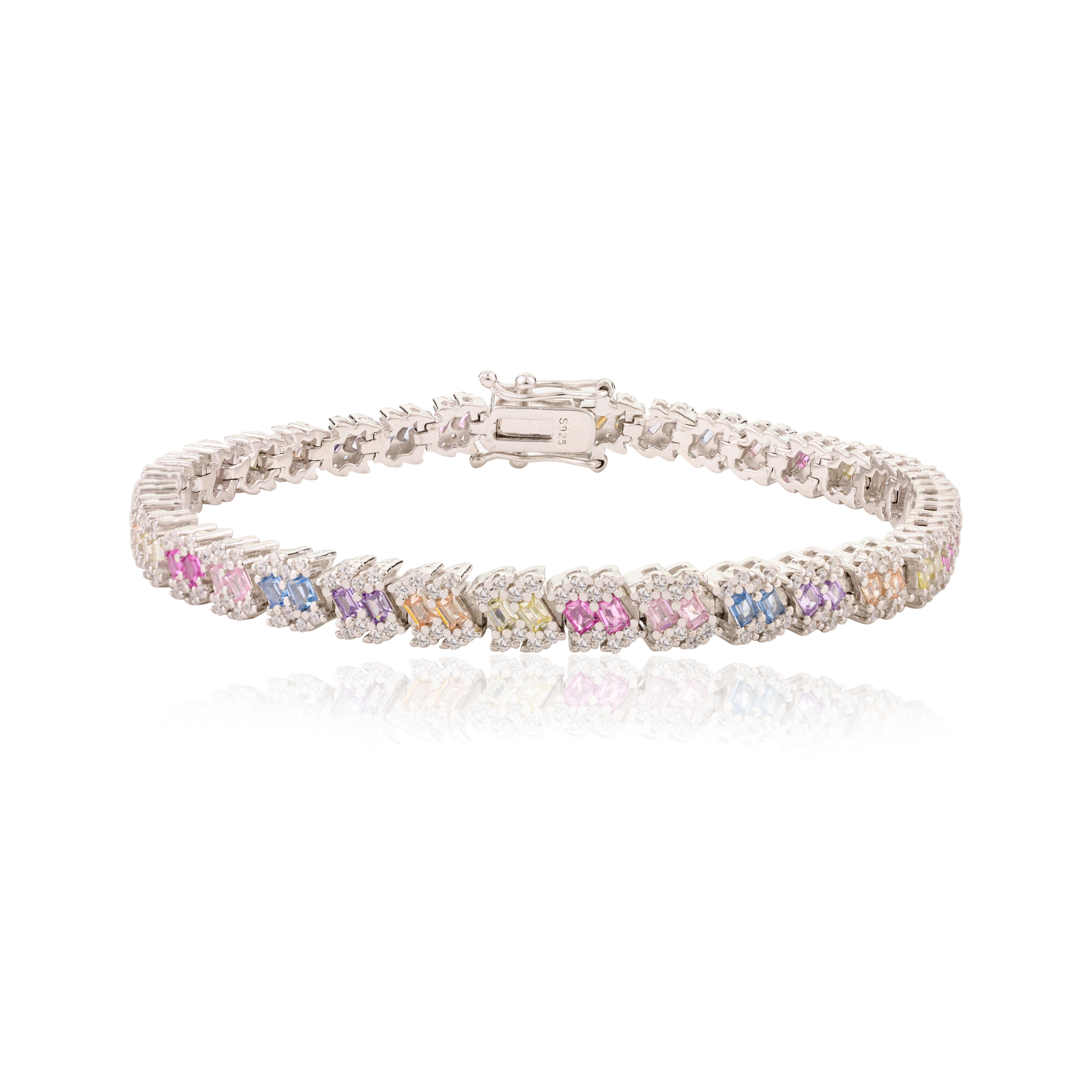 Modernist Glamorous Multicolor Rhinestone Tennis Bracelet in Silver Gift for Mothers Day For Sale