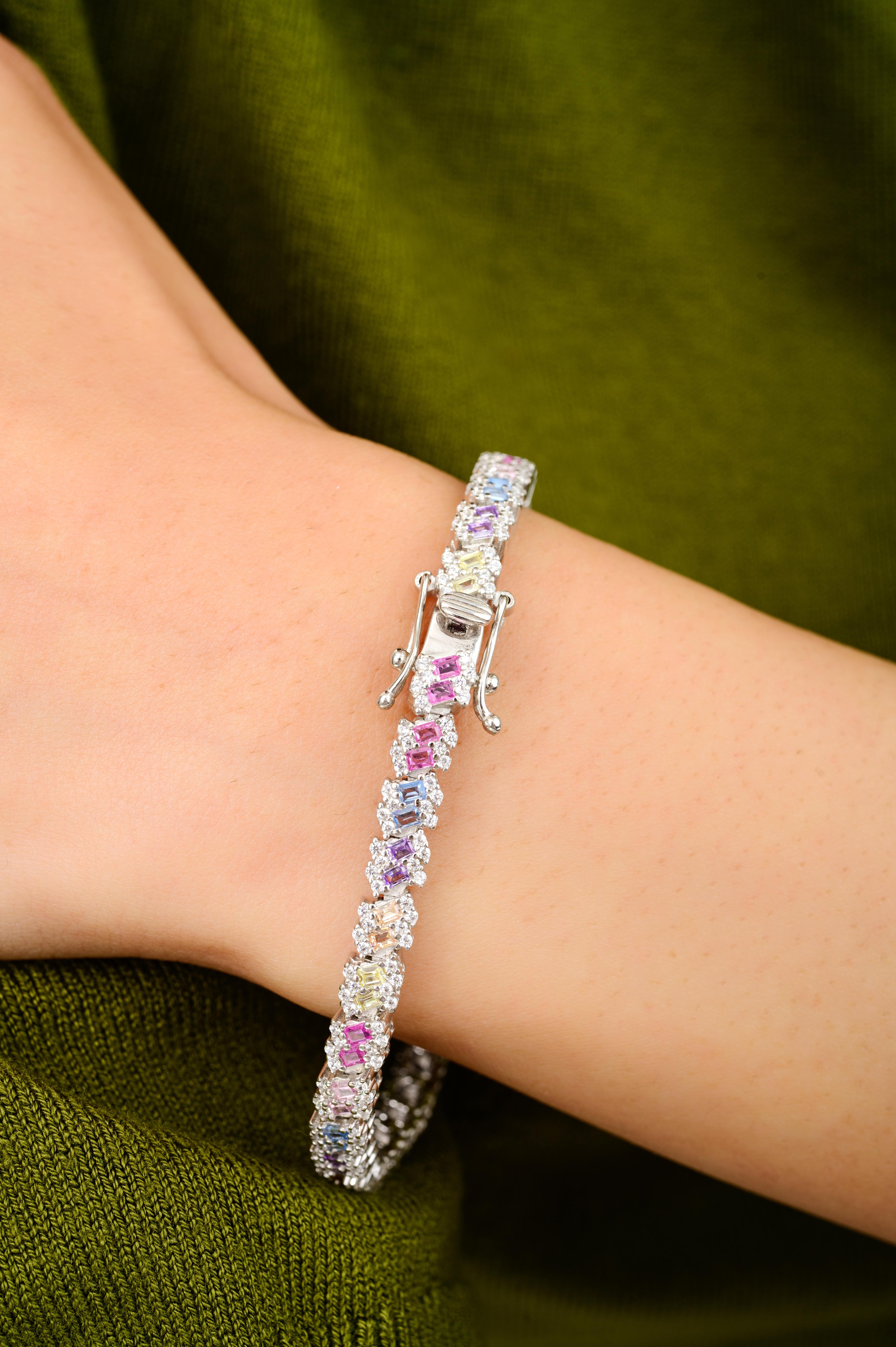 Mixed Cut Glamorous Multicolor Rhinestone Tennis Bracelet in Silver Gift for Mothers Day For Sale