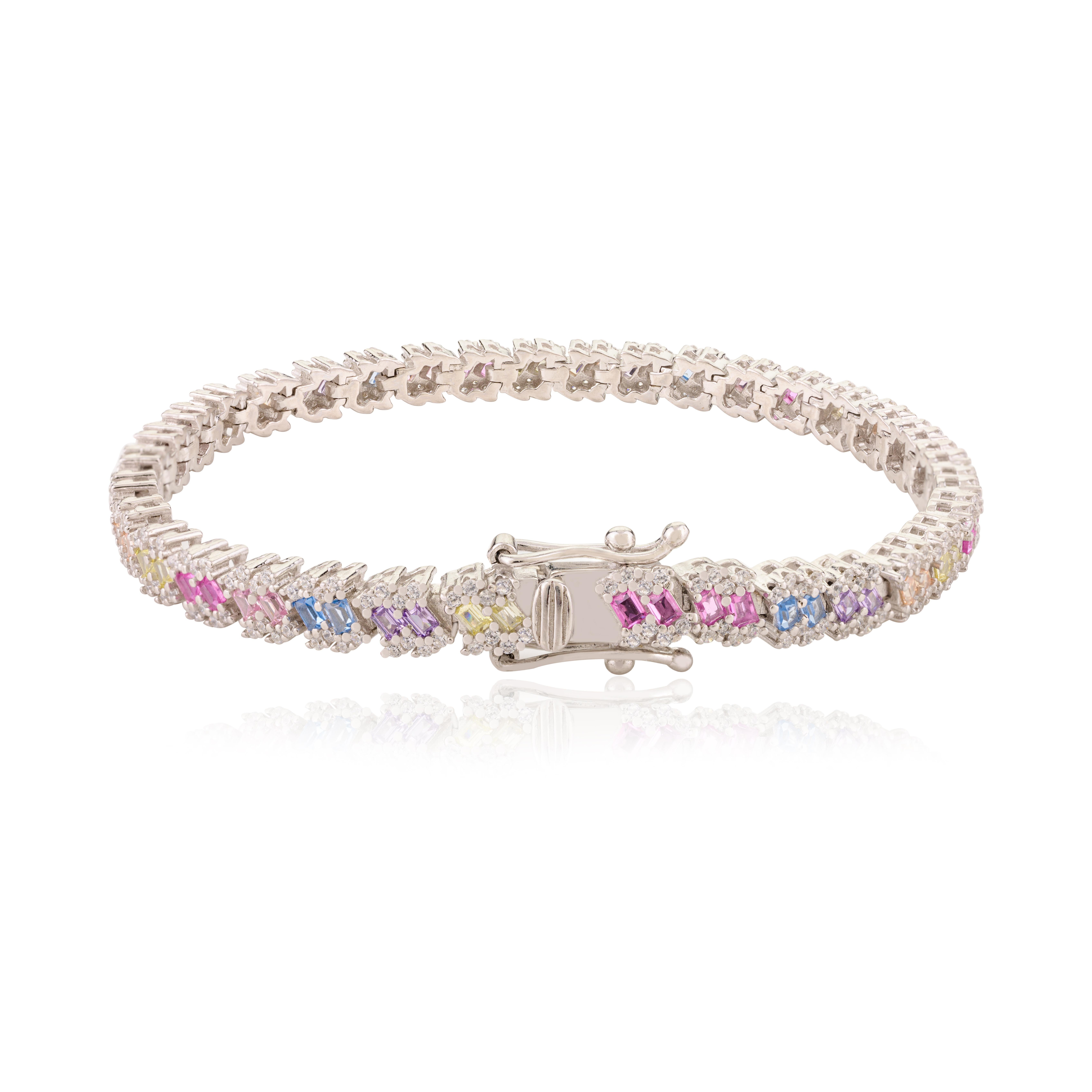 Glamorous Multicolor Rhinestone Tennis Bracelet in Silver Gift for Mothers Day In New Condition For Sale In New York, NY