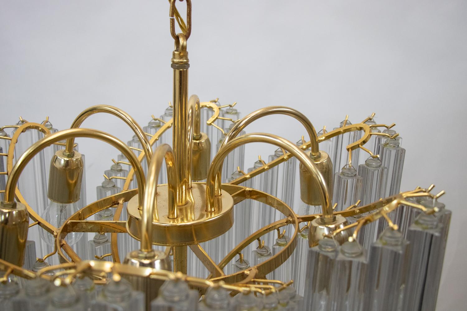 Glamorous Murano Quadriedri Prism & Brass Chandelier Attributed to Venini 1