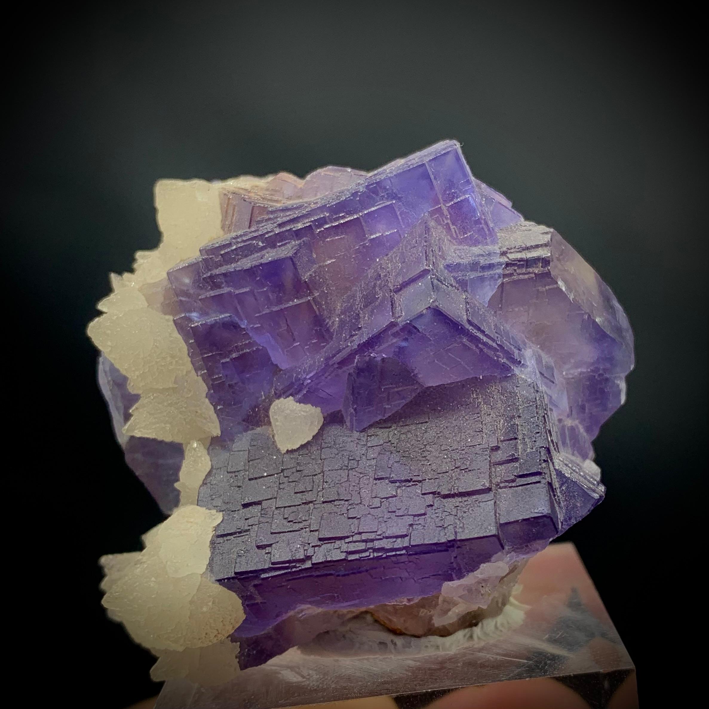 Adam Style Glamorous Natural Purple Cubic Fluorite with Dog Tooth Calcite Specimen For Sale