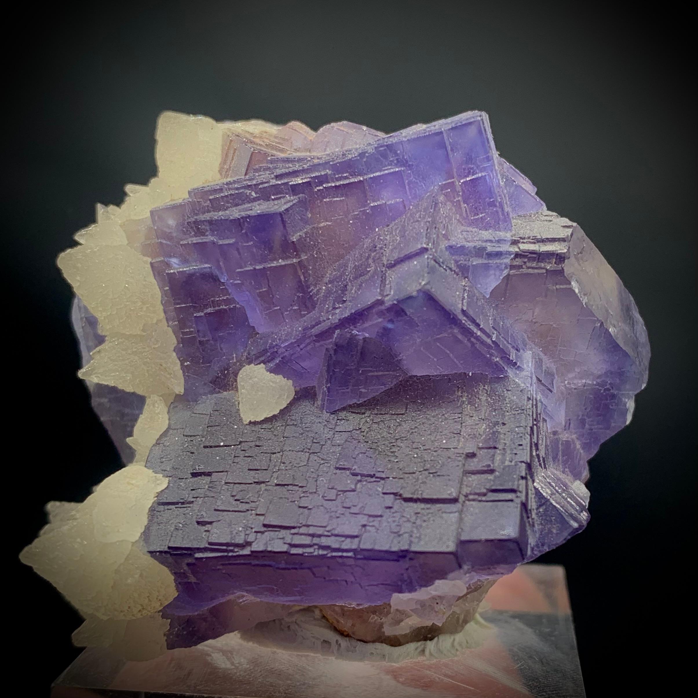 Pakistani Glamorous Natural Purple Cubic Fluorite with Dog Tooth Calcite Specimen For Sale