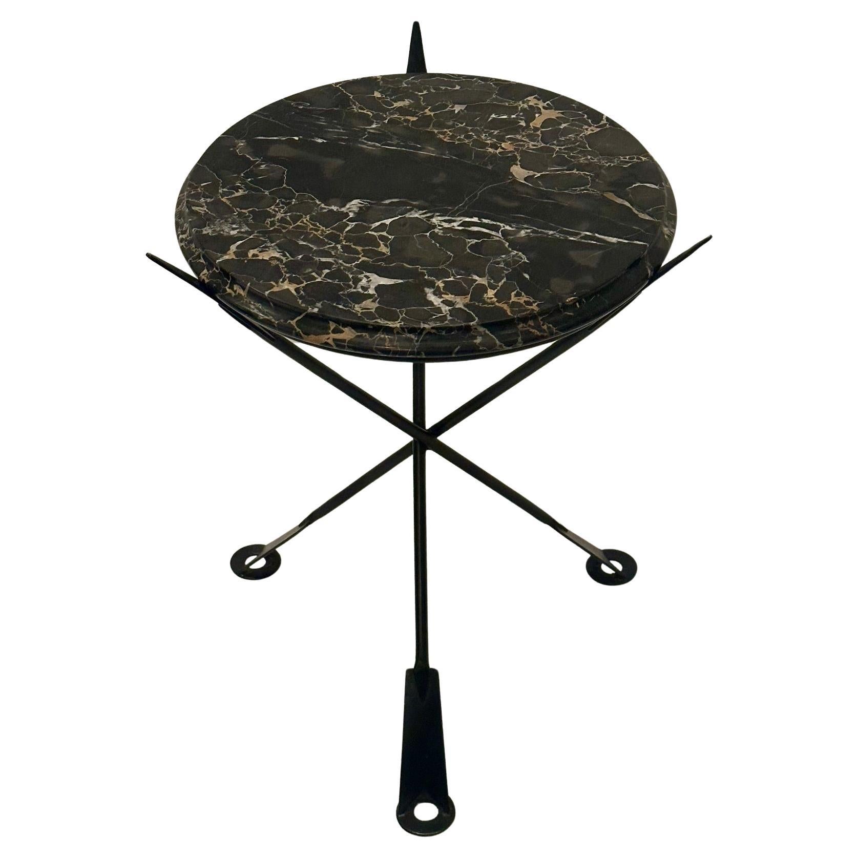 Glamorous Neoclassical Style Iron Arrow Motif Side Table with Marble Top For Sale