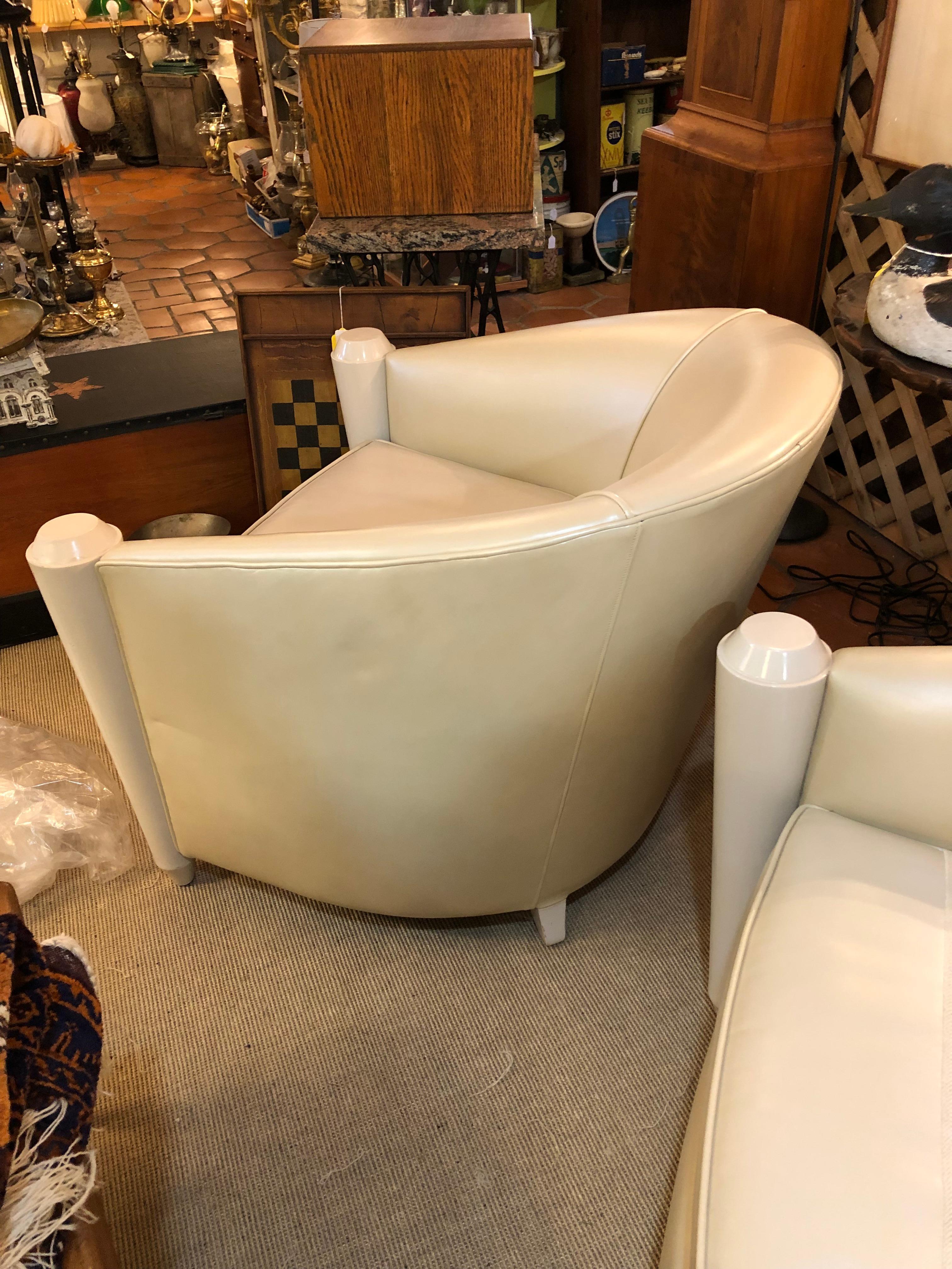 Glamorous Pair Mid Century Modern Cream Leather and Lacquered Wood Club Chairs For Sale 6