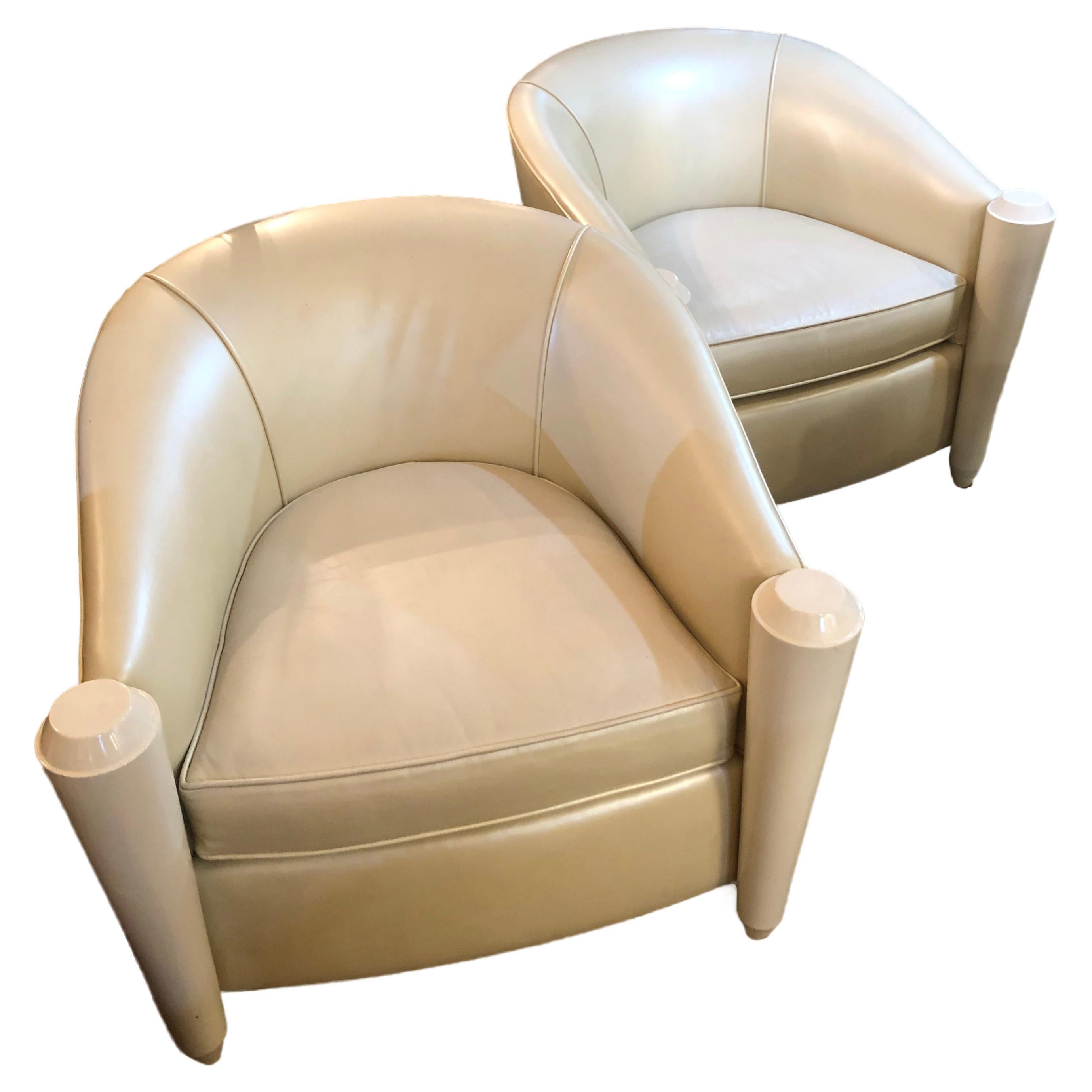 Glamorous Pair Mid Century Modern Cream Leather and Lacquered Wood Club Chairs For Sale