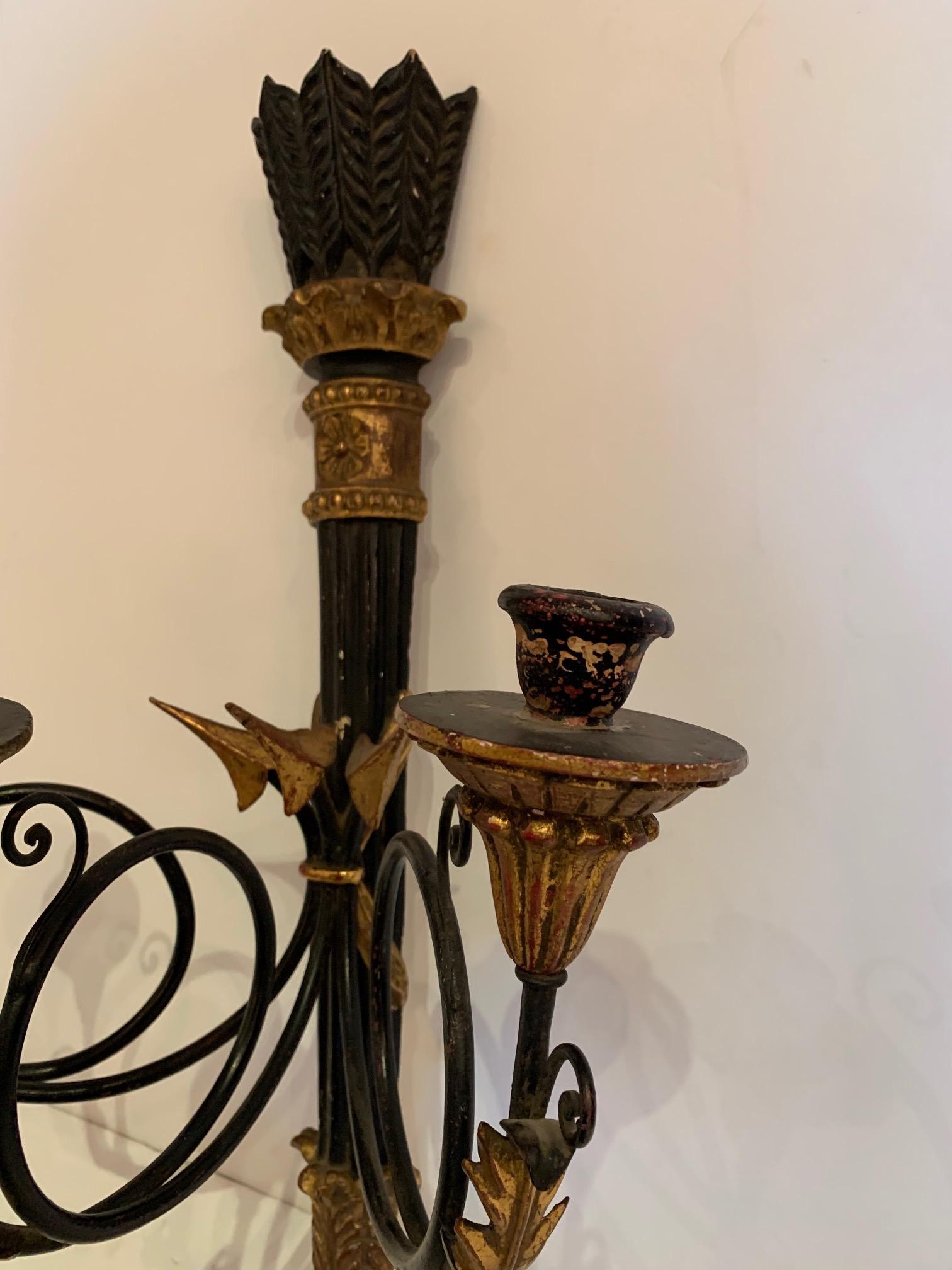 Glamorous Pair of Black and Gold Italian Neoclassical Sconces For Sale 2