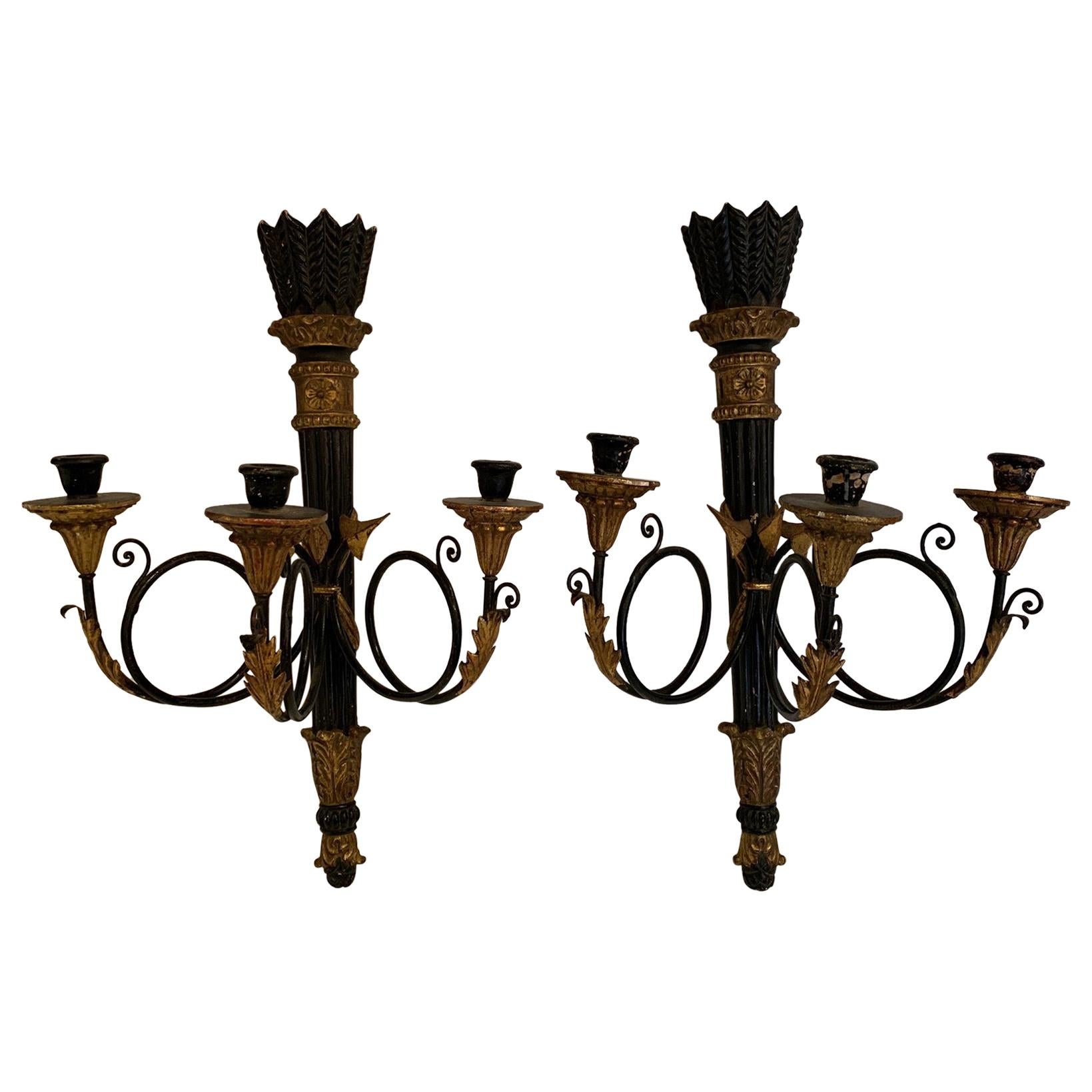 Glamorous Pair of Black and Gold Italian Neoclassical Sconces For Sale