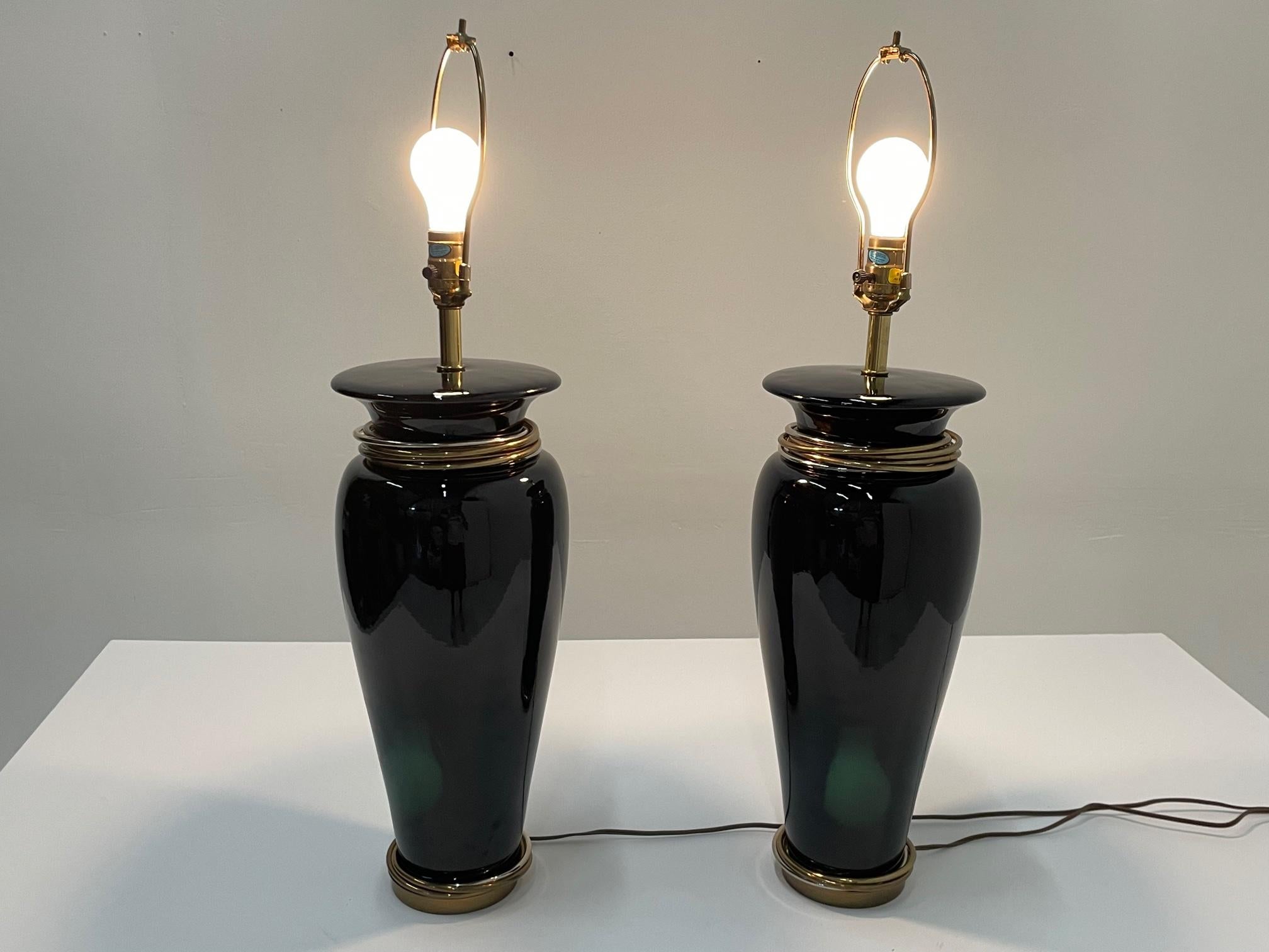 Glamorous Pair of Chapman Black Ceramic Table Lamps with Brass & Steel Rings For Sale 3