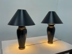 Glamorous Pair of Chapman Black Ceramic Table Lamps with Brass & Steel Rings