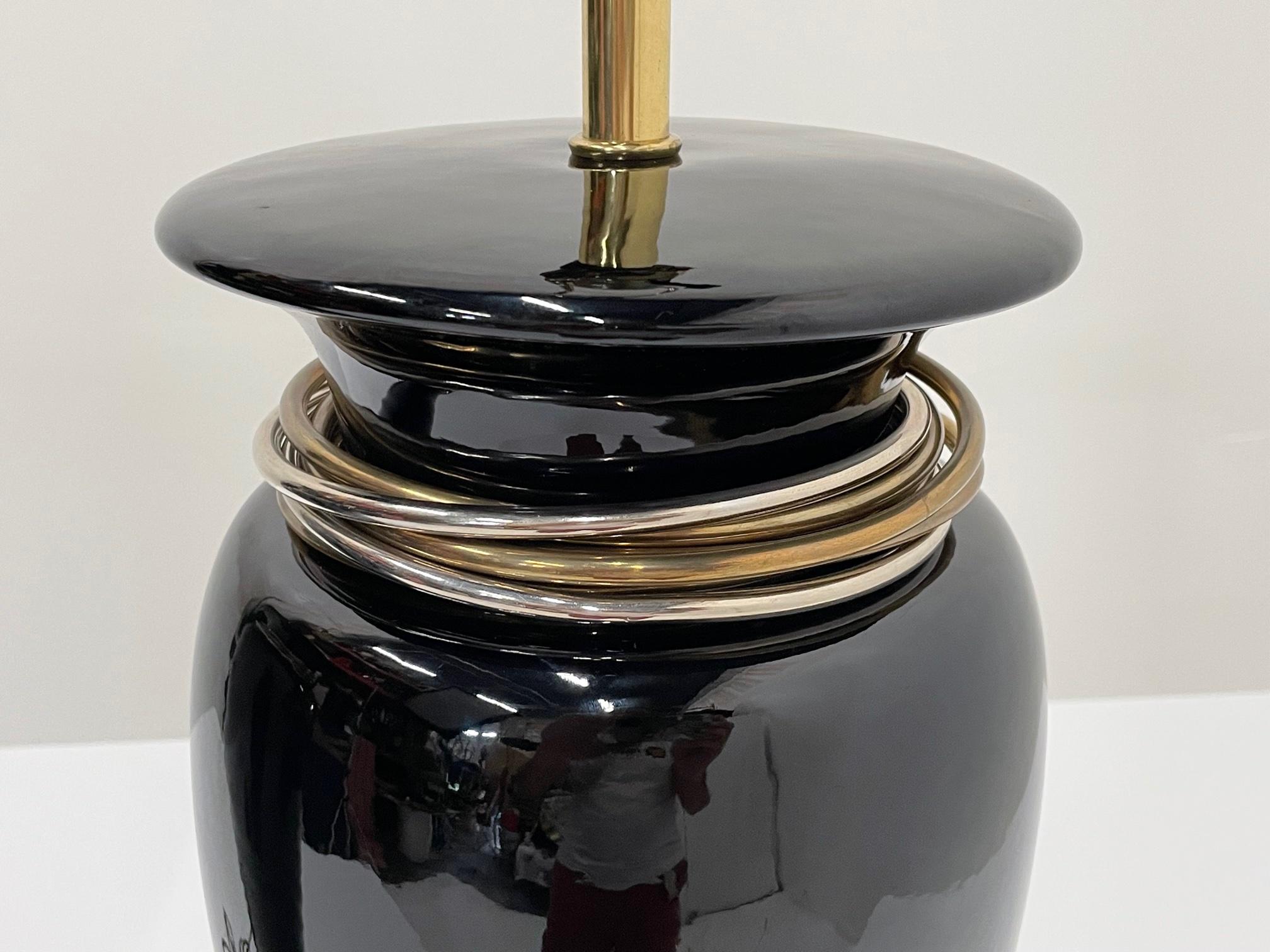 Metal Glamorous Pair of Chapman Black Ceramic Table Lamps with Brass & Steel Rings For Sale