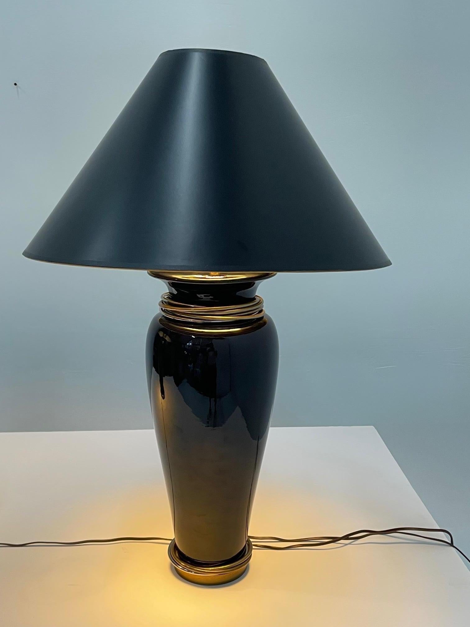 Glamorous Pair of Chapman Black Ceramic Table Lamps with Brass & Steel Rings For Sale 2