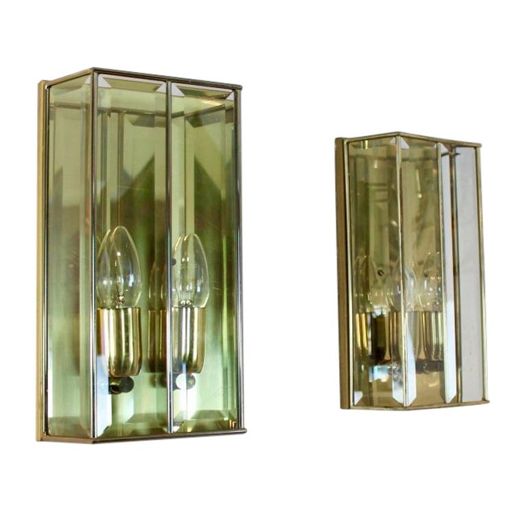 Glamorous Pair of French Brass and Facet Glass Sconces For Sale
