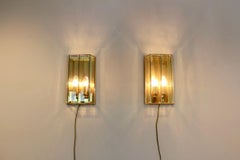 Glamorous Pair of French Brass and Facet Glass Sconces