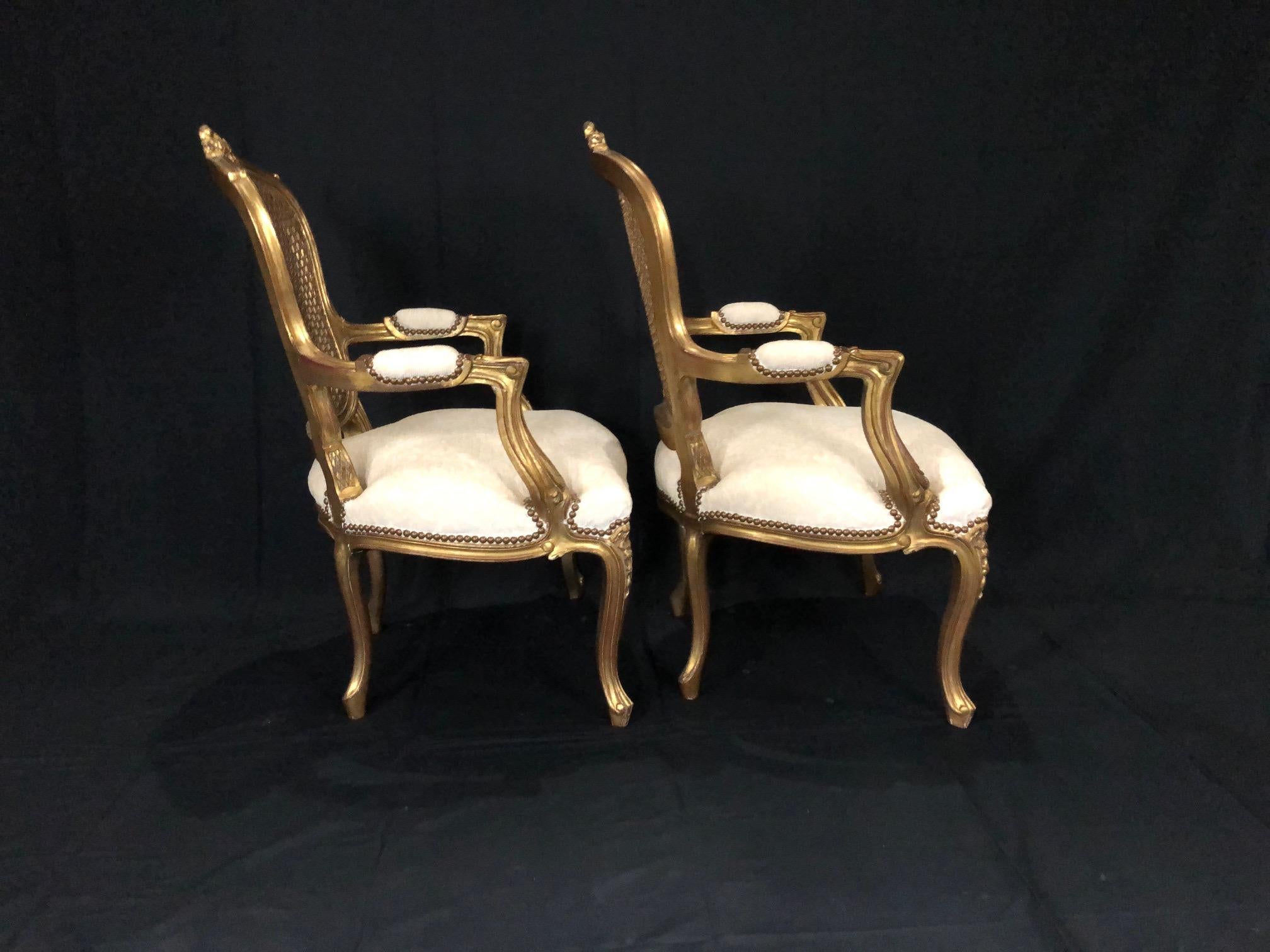 Glamorous Pair of French Louis XV Style Gold Gilt Caned Bergères Armchairs 5
