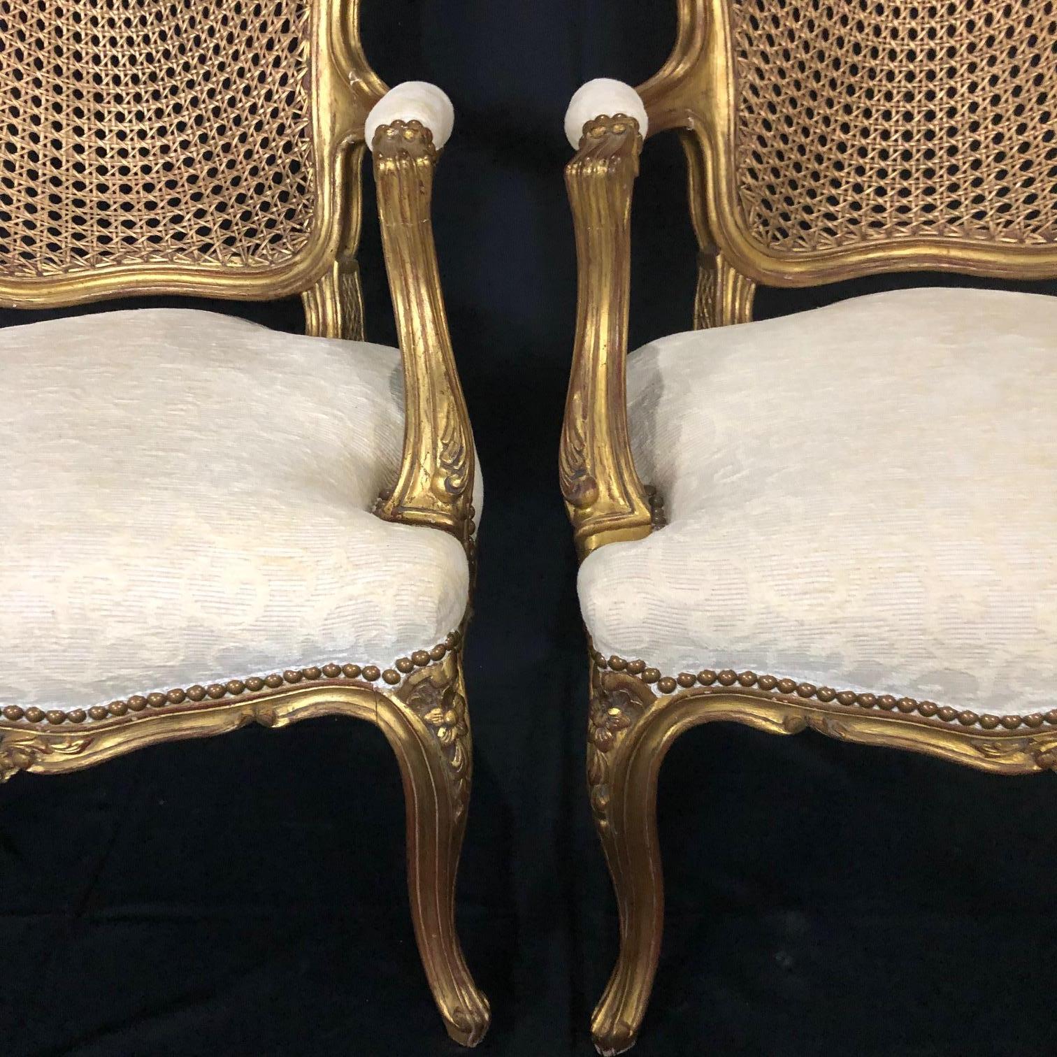 Glamorous Pair of French Louis XV Style Gold Gilt Caned Bergères Armchairs 6