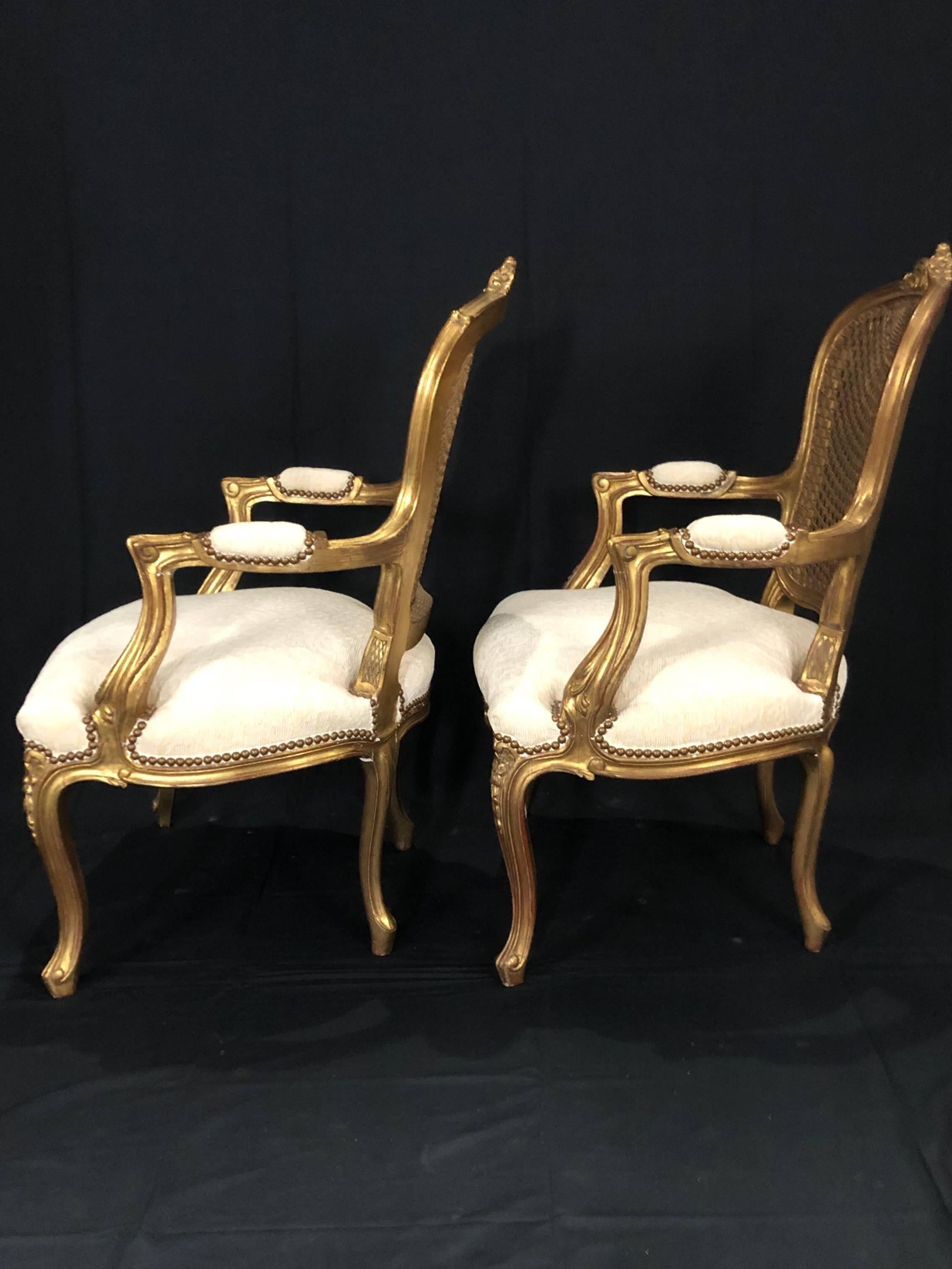 Glamorous Pair of French Louis XV Style Gold Gilt Caned Bergères Armchairs 7