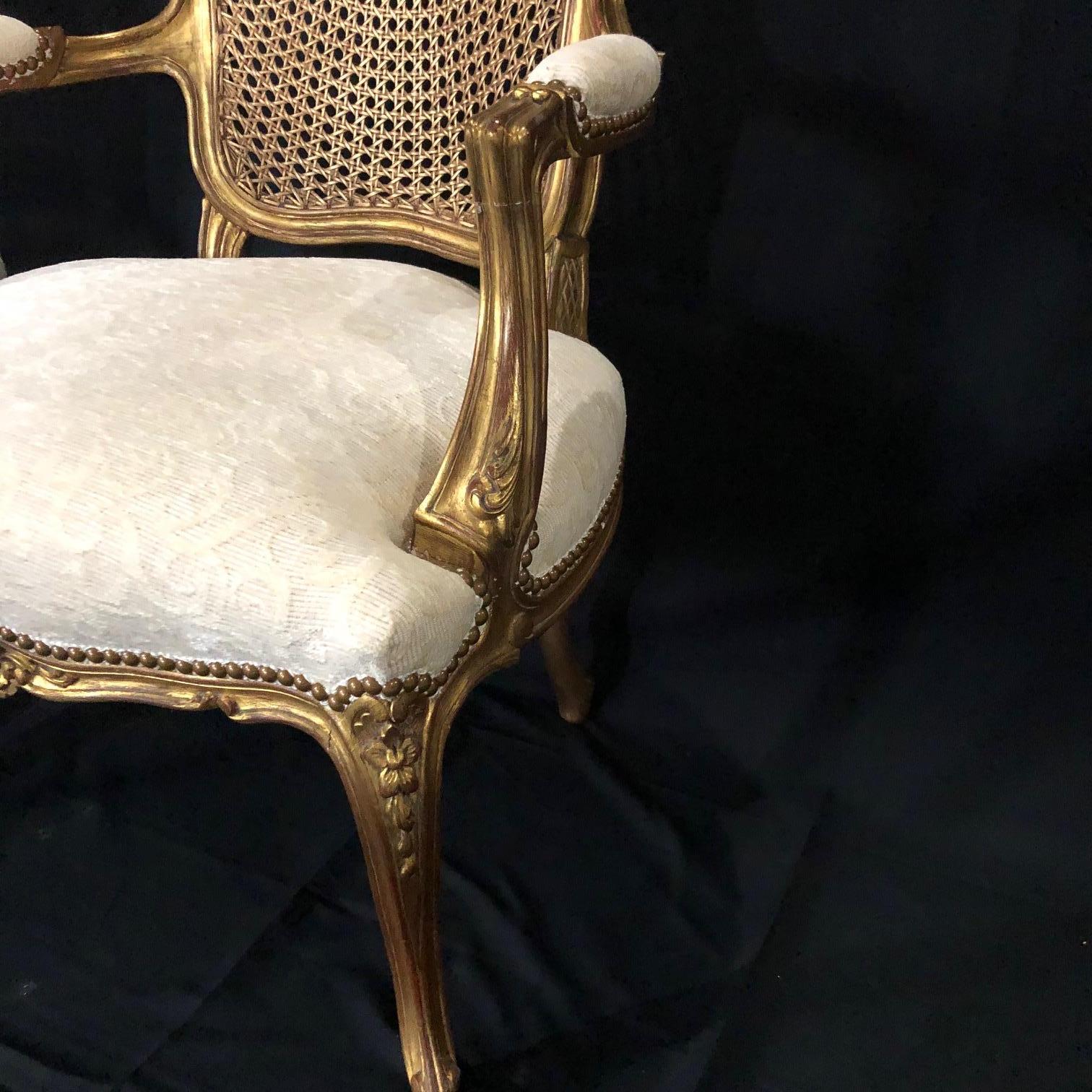 Glamorous Pair of French Louis XV Style Gold Gilt Caned Bergères Armchairs 2