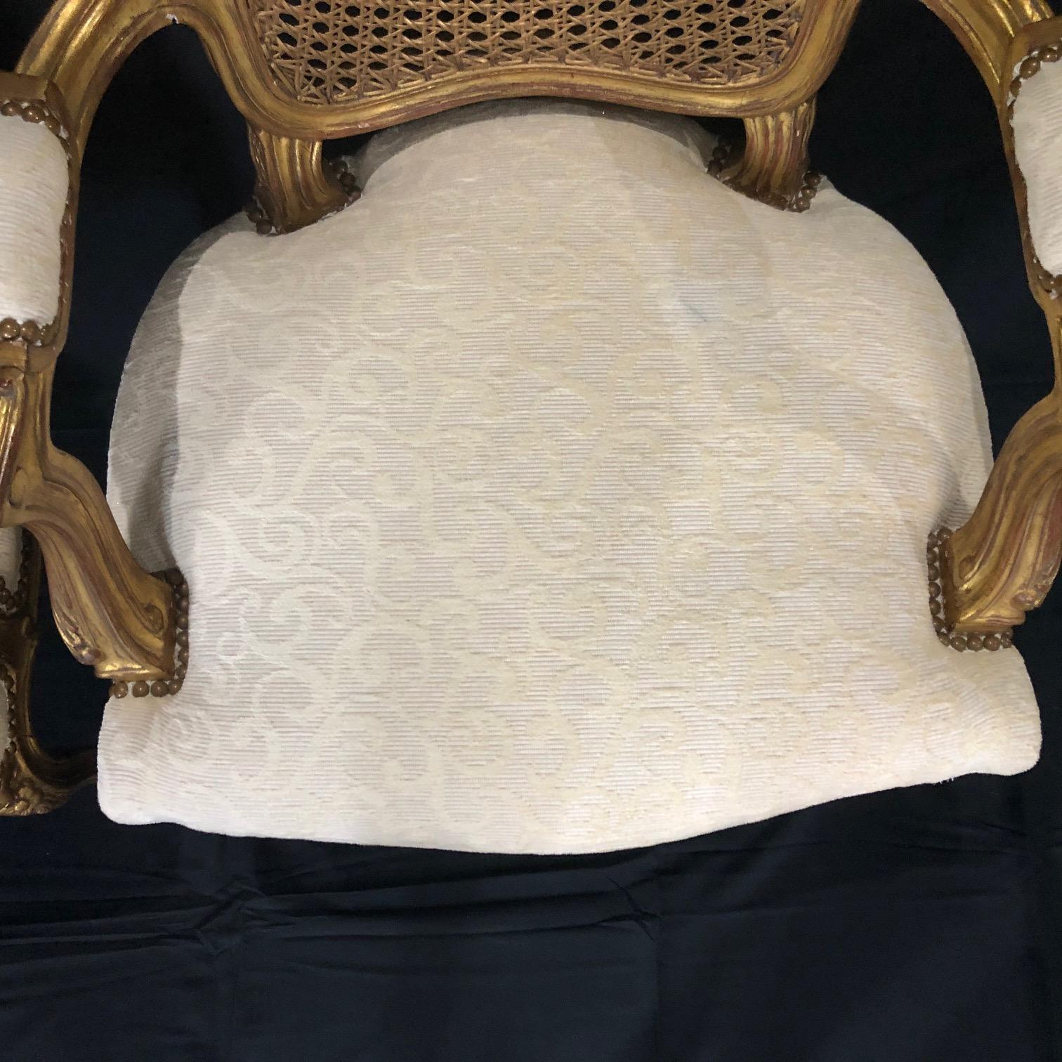 Glamorous Pair of French Louis XV Style Gold Gilt Caned Bergères Armchairs 4