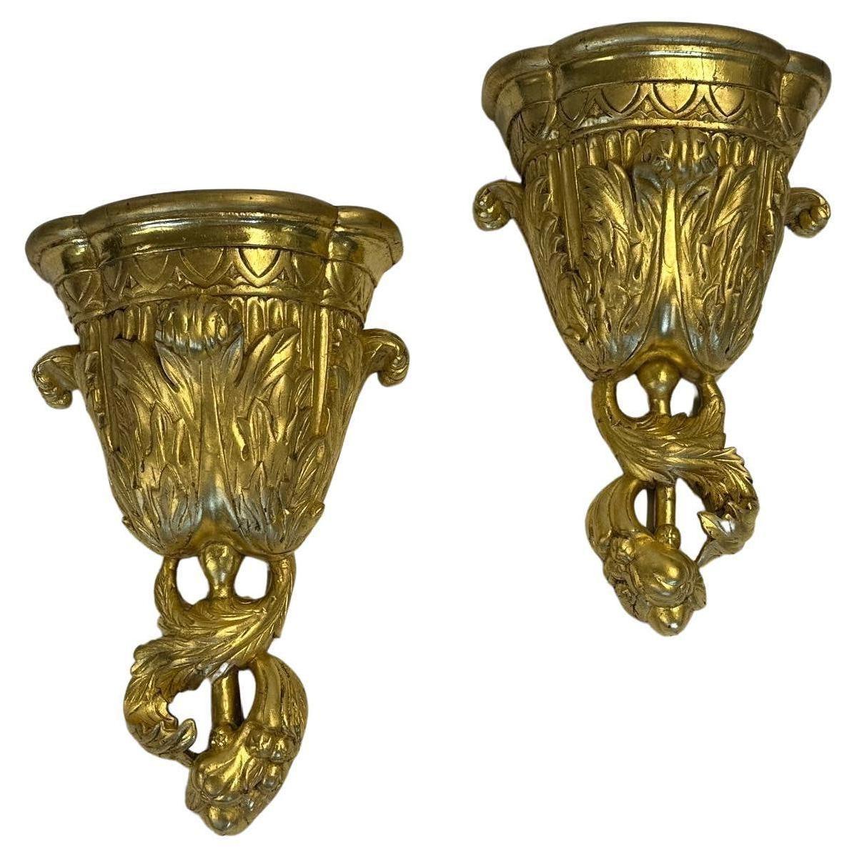 Glamorous Pair of Heavily Gilded Carved Wood Italian Wall Brackets For Sale