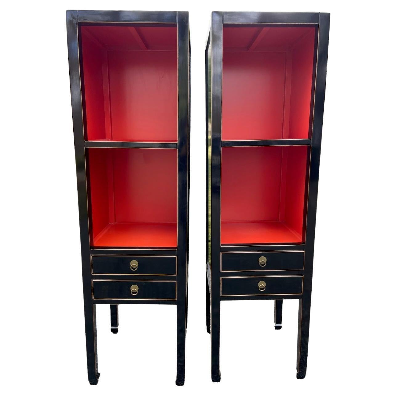 Glamorous Pair of Hollywood Regency Black and Coral Laquered Tall Cabinets  For Sale at 1stDibs