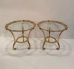 Glamorous Pair of Hollywood Regency Brass & Glass Scalloped Side Tables
