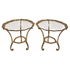 Glamorous Pair of Hollywood Regency Brass & Glass Scalloped Side Tables