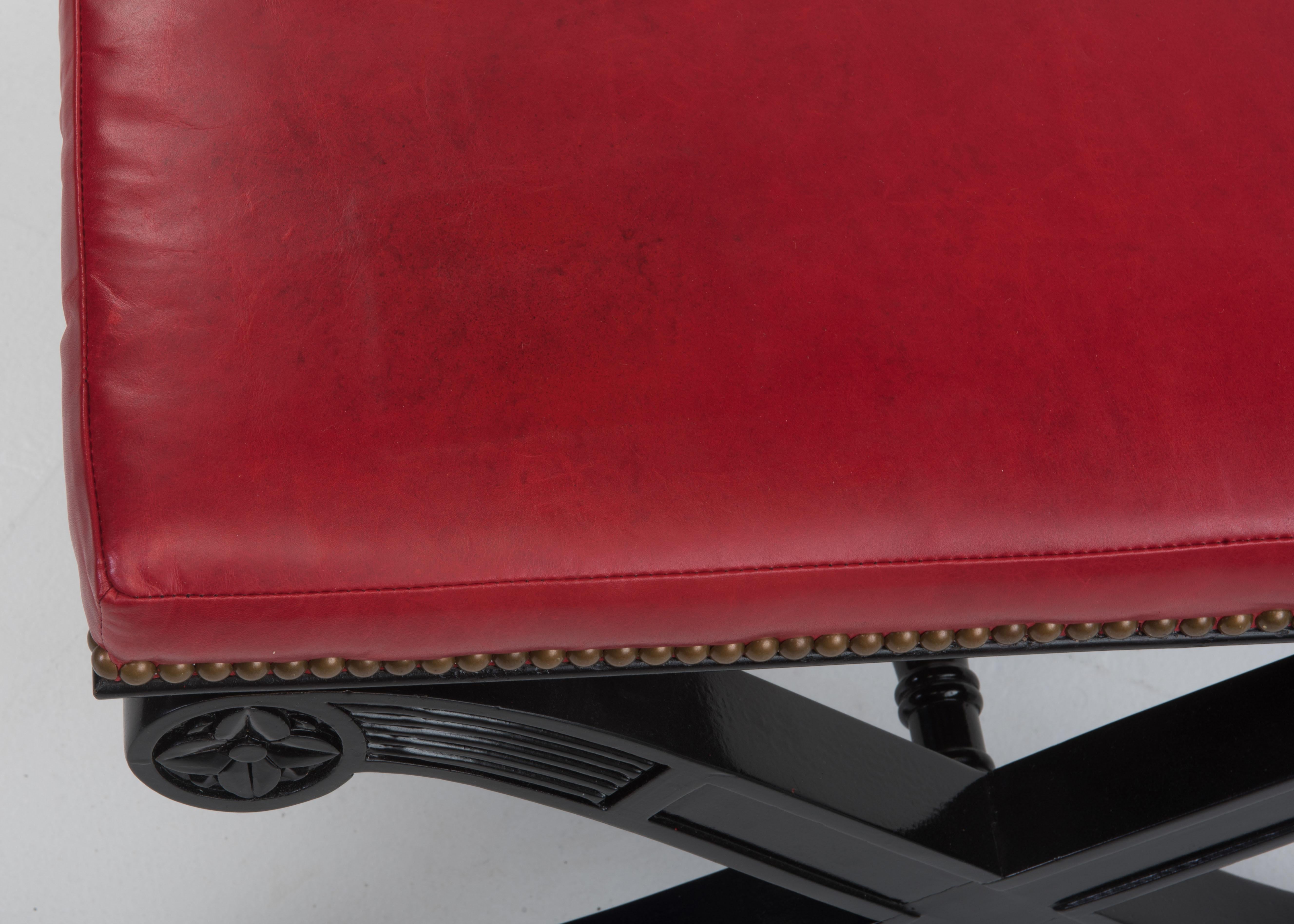 North American Glamorous Pair of Hollywood Regency Ebonized Benches with Red Leather Upholstery