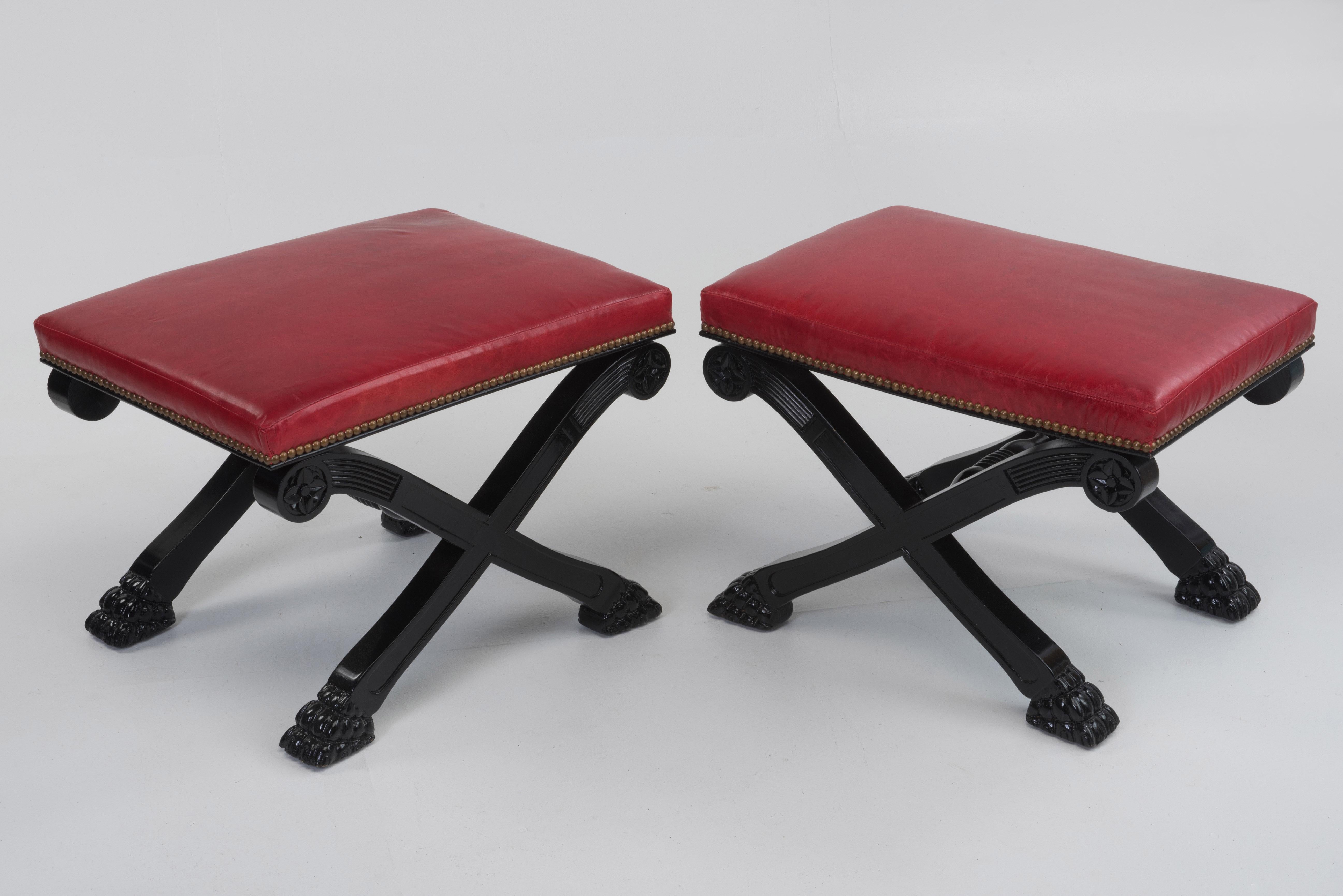 Late 20th Century Glamorous Pair of Hollywood Regency Ebonized Benches with Red Leather Upholstery