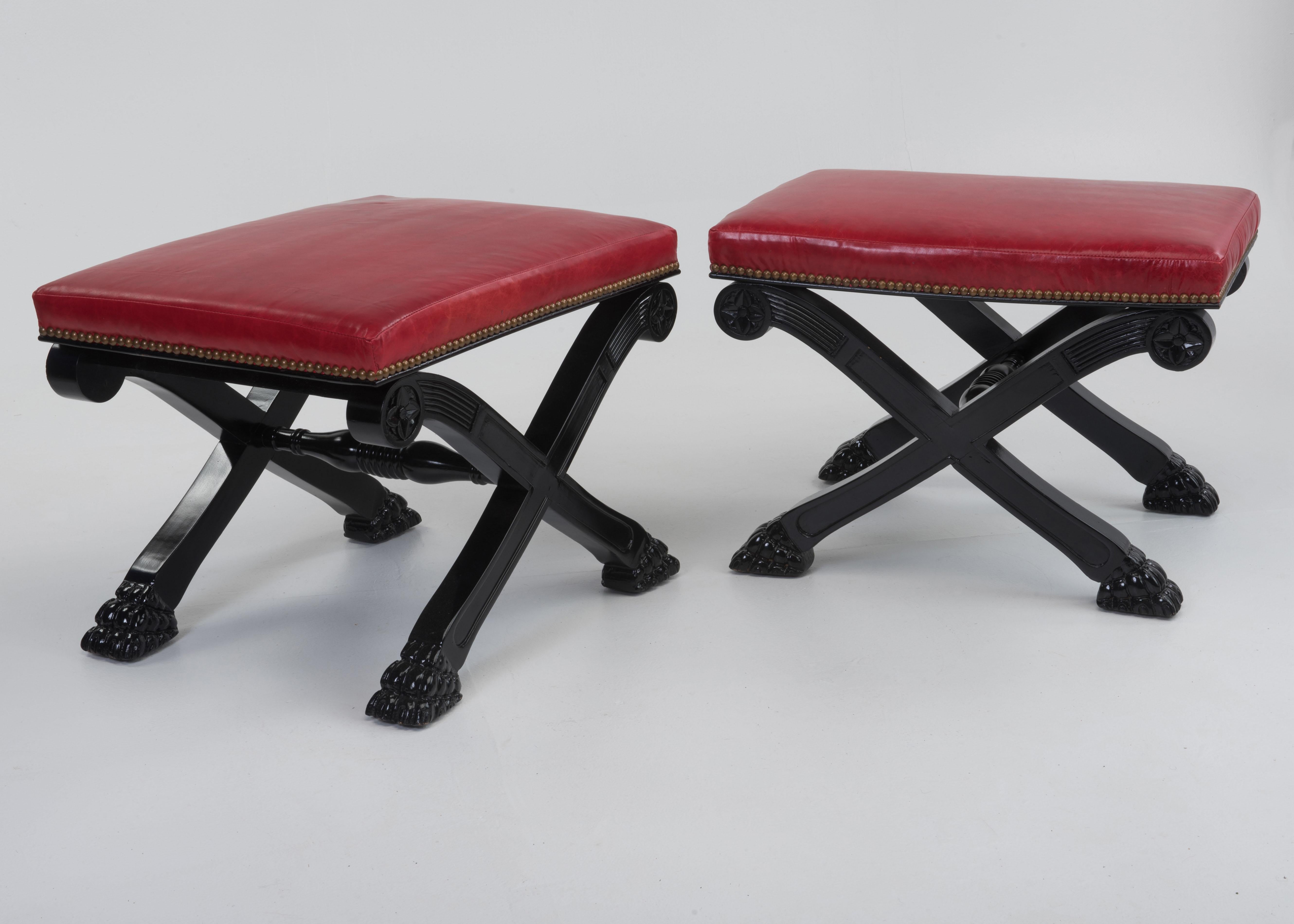 Glamorous Pair of Hollywood Regency Ebonized Benches with Red Leather Upholstery 1