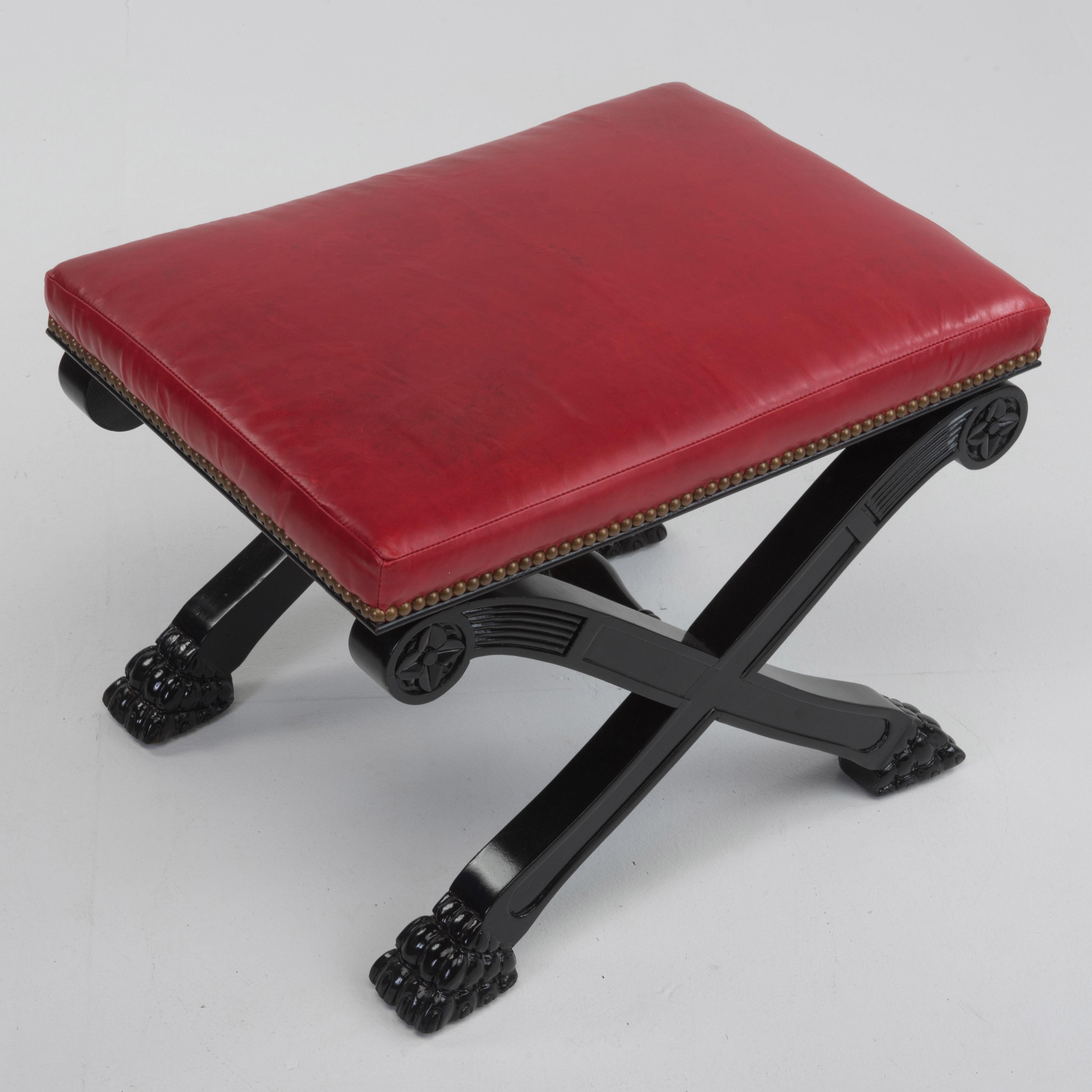 Glamorous Pair of Hollywood Regency Ebonized Benches with Red Leather Upholstery 2