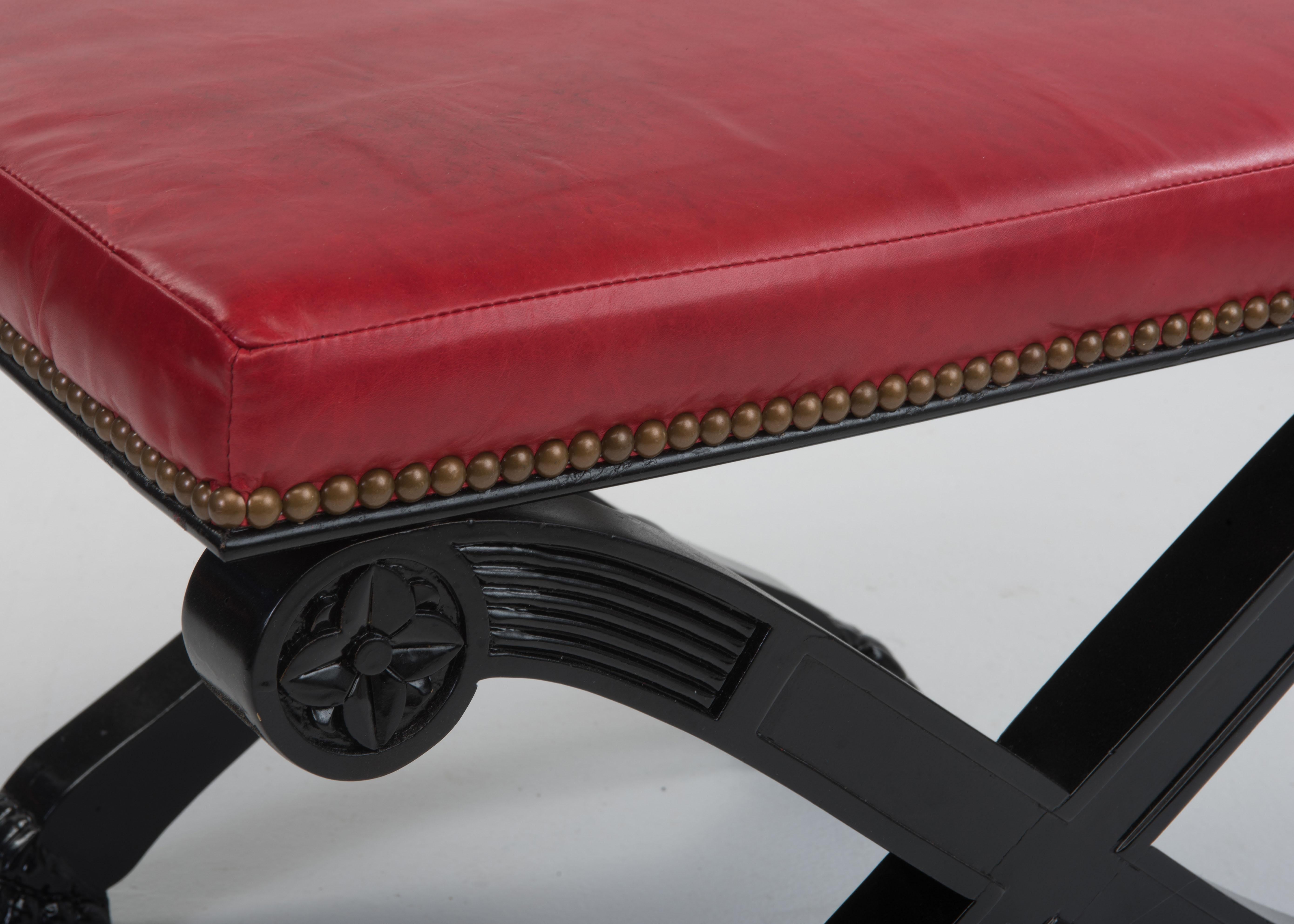 Glamorous Pair of Hollywood Regency Ebonized Benches with Red Leather Upholstery 3