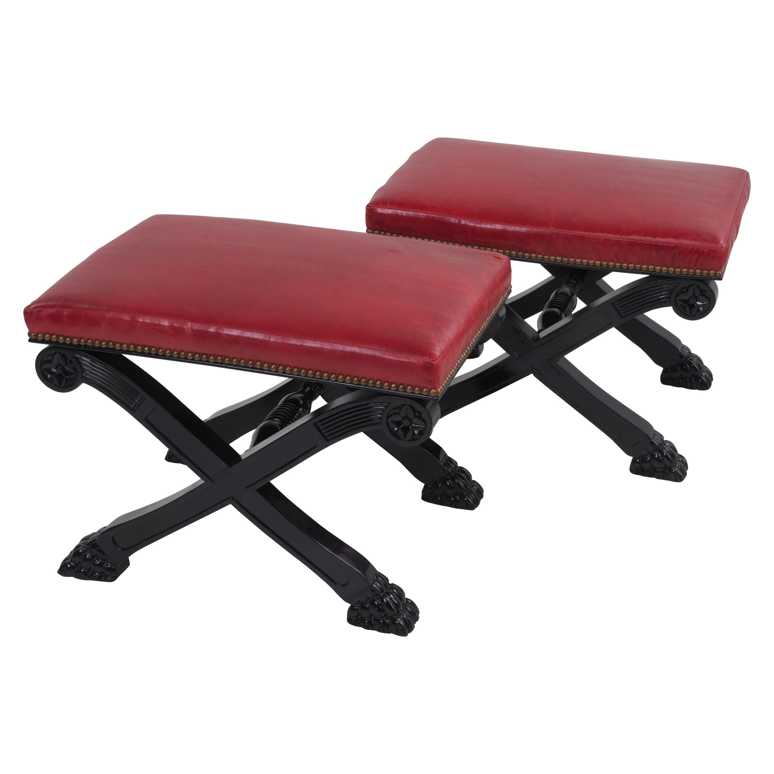 Glamorous Pair of Hollywood Regency Ebonized Benches with Red Leather Upholstery