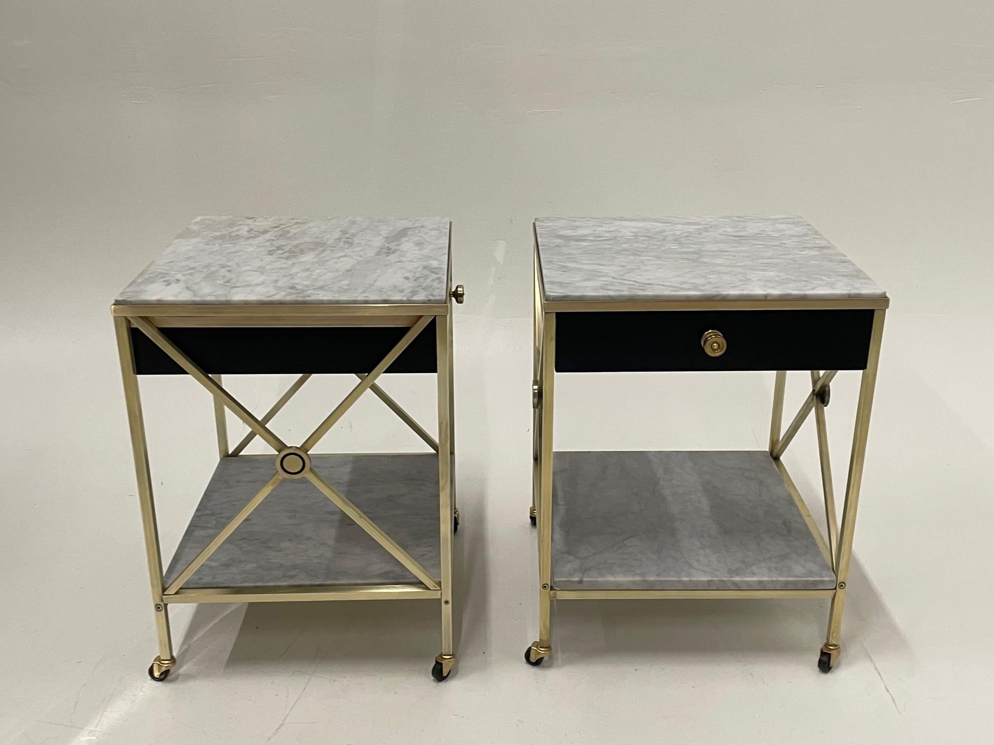 French Glamorous Pair of Hollywood Regency Marble & Brass Night Stands End Tables