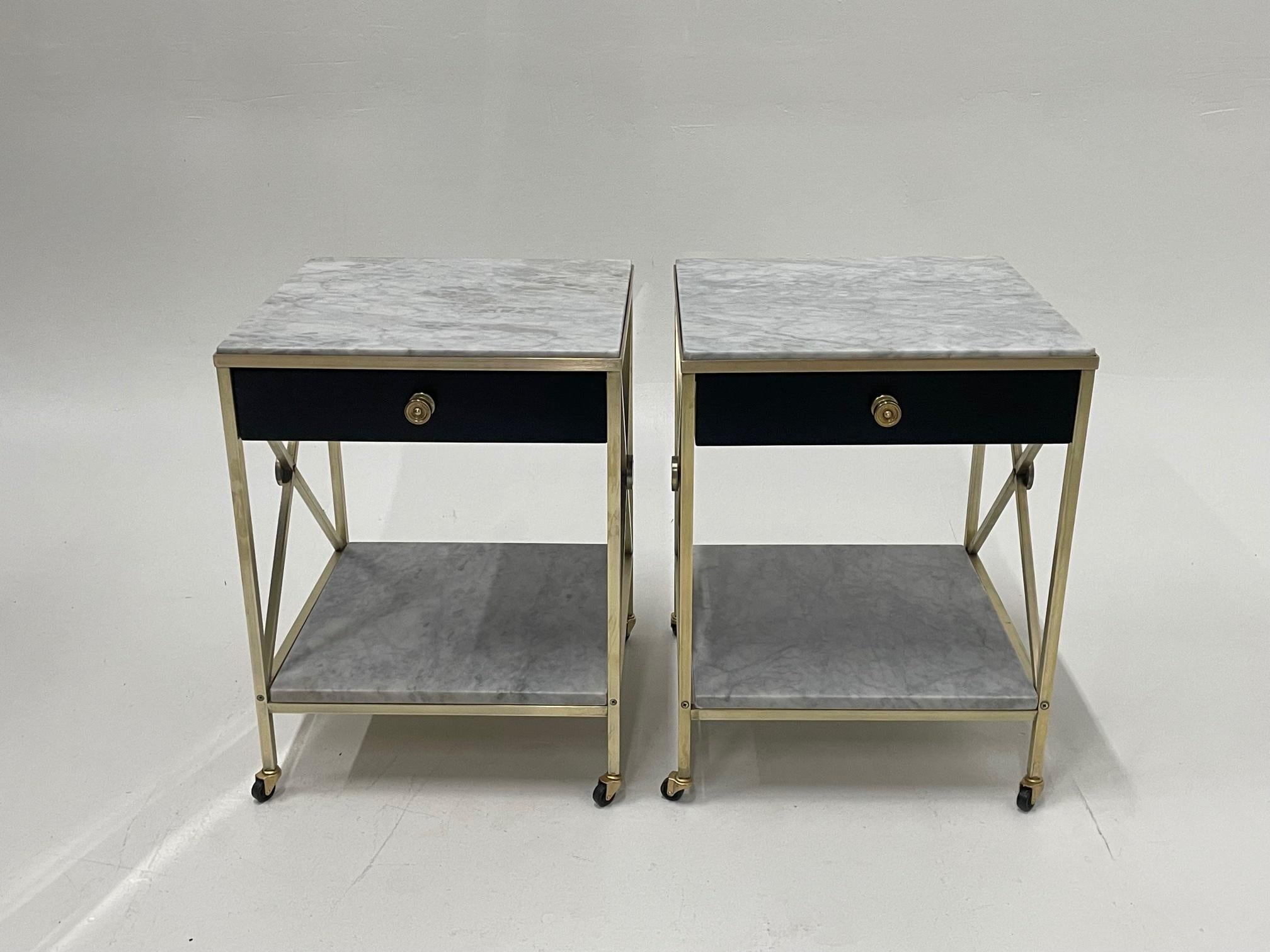 Glamorous Pair of Hollywood Regency Marble & Brass Night Stands End Tables 1