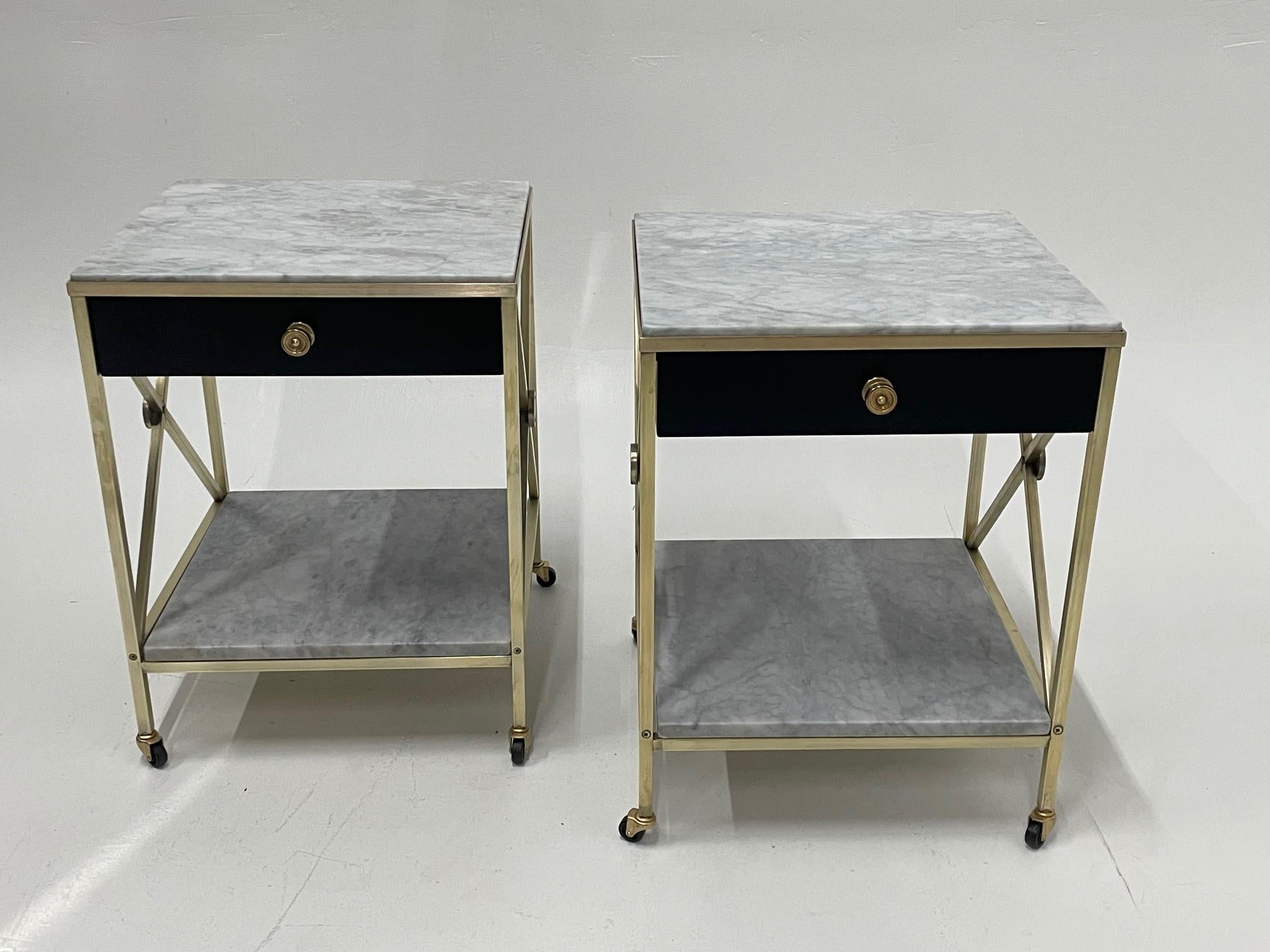 Glamorous Pair of Hollywood Regency Marble & Brass Night Stands End Tables 2