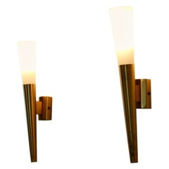 Glamorous Pair of Italian Brass and Opaline Glass Sconces, Italy, 1970s