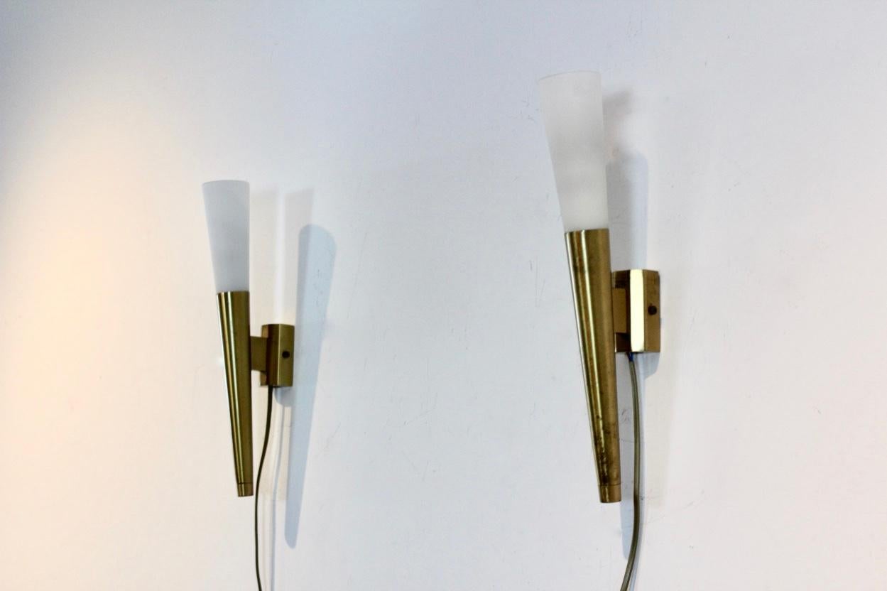 20th Century Glamorous Pair of Italian Brass and Opaline Glass Sconces, Italy, 1970s