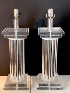 Glamorous Pair of Lucite and Chrome Column Lamps, C 1980s