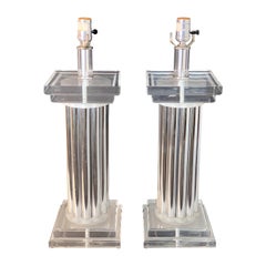 Glamorous Pair of Lucite and Chrome Column Lamps, C 1980s