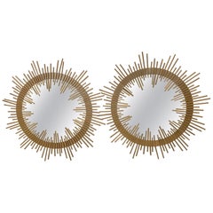 Glamorous Pair of Mid-Century Modern Italian Gilt Iron Sunburst Mirrors